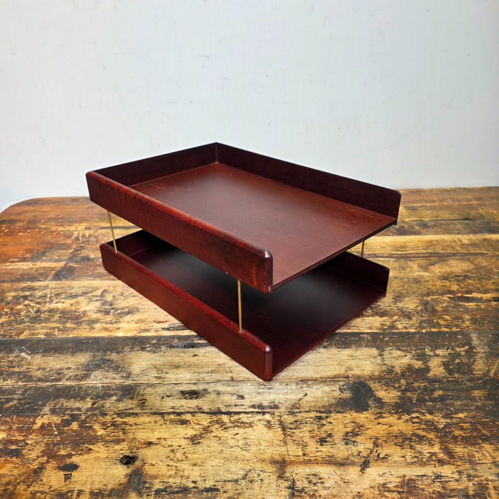 Vintage Carver Wood Products Desk Letter Tray 2 Tier Cherry Oak MCM Damage USA