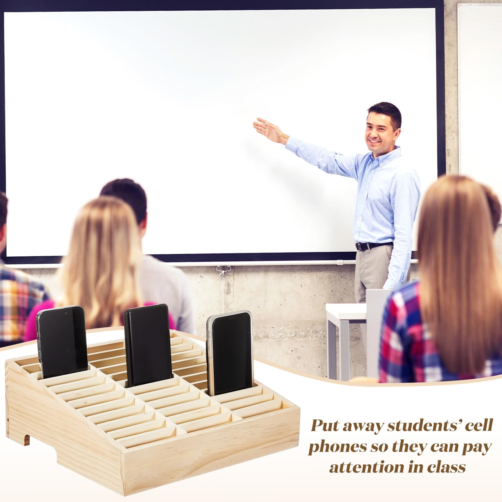 CroBlissful 2 Pcs 36 Grid Wooden Cell Phone Holder Classroom Wood