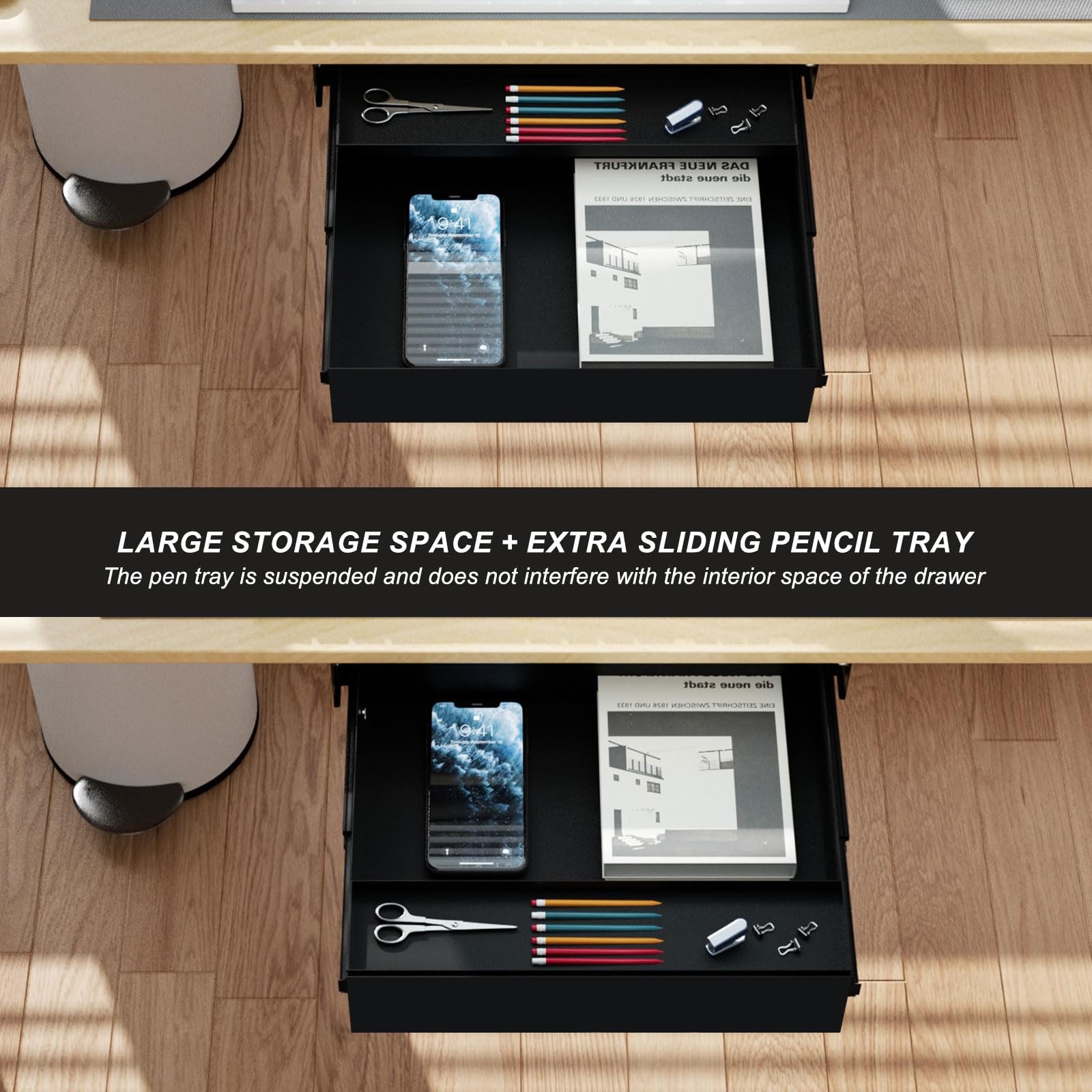 Gaxomo Under Desk Drawer(15.2”x10”x2.8”) with Sliding Pencil S, Black