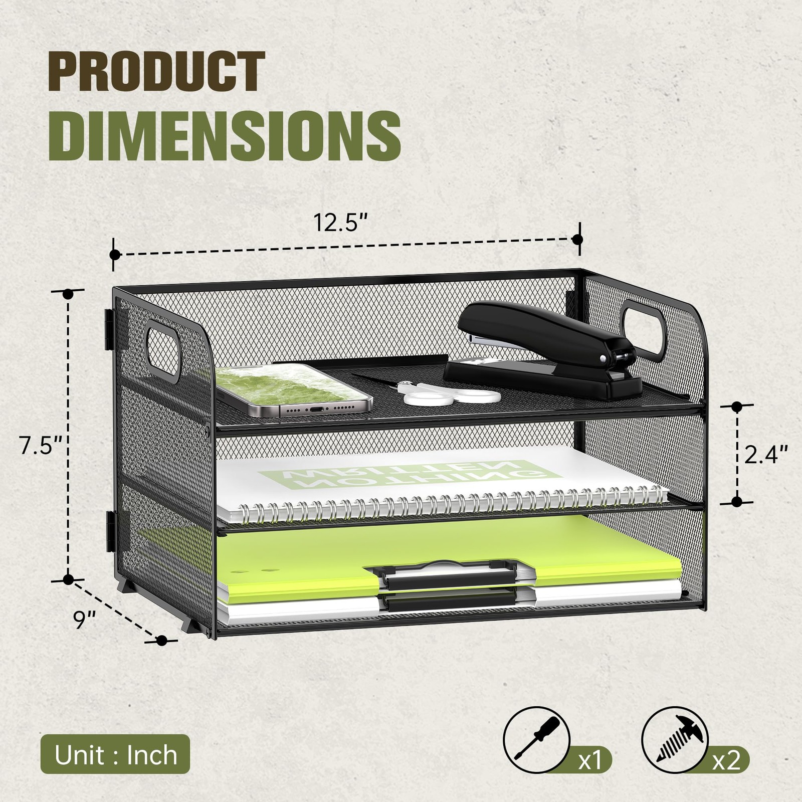DALTACK 3 Tier Paper Organizer with Handle, Mesh 12.5″ x 9″ x 7.5″, Black