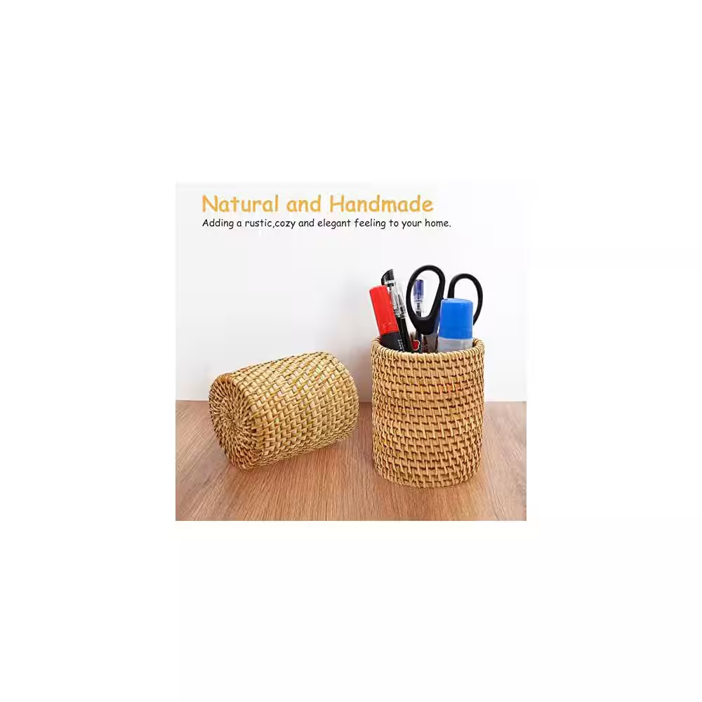 2-Pack Rattan Pencil Holder Boho Handmade Pen Organizer Aesthetic Desk Cup Holde