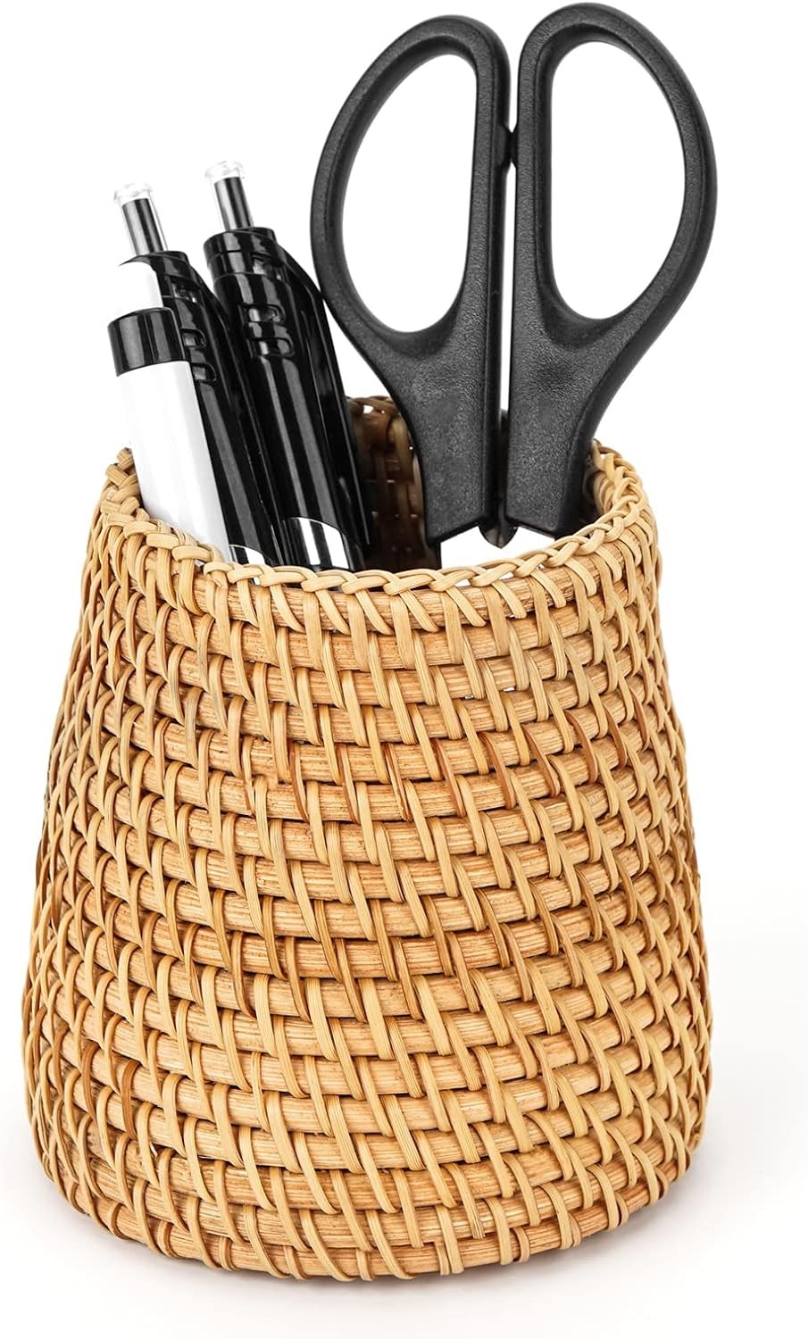 Wicker Rattan Pencil Holder Cylindrical Desk Organizer Cup Natural Brown Office