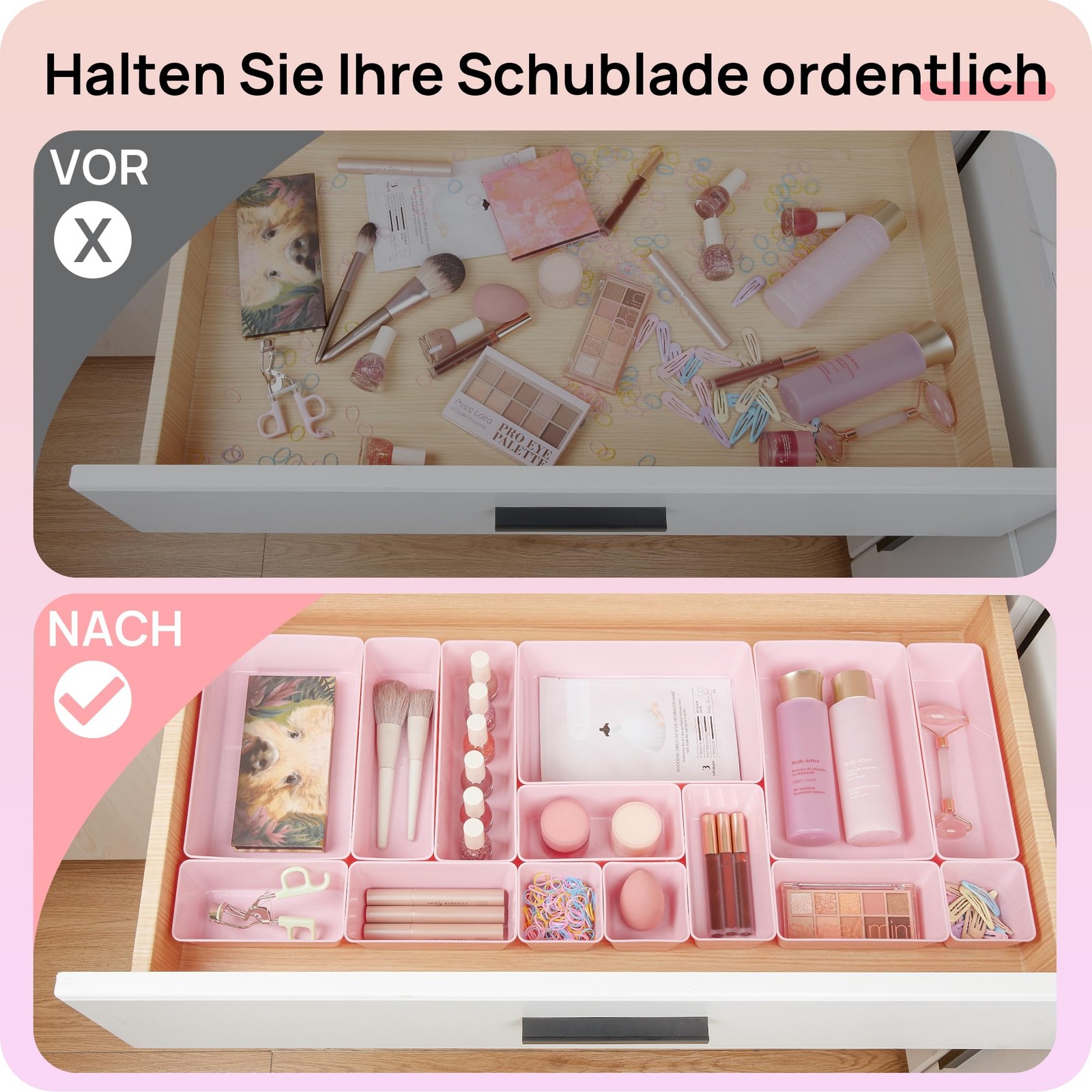Vtopmart 25 PCS Plastic Drawer Organizers Set, 4-Size Versatile Bathroom Pink