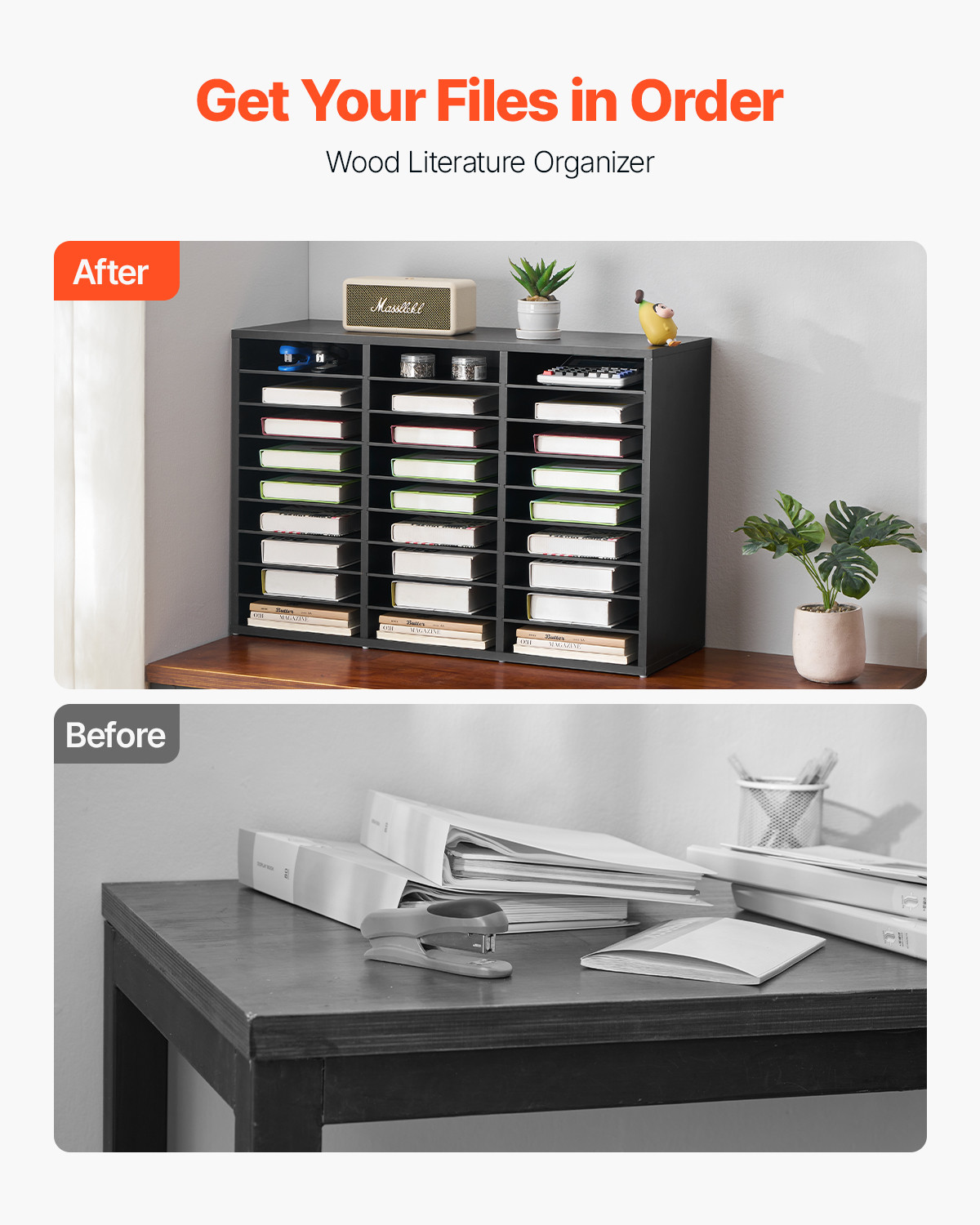 Uimoso Wooden Literature Organizer 27 Compartments with Removable Shelves Black