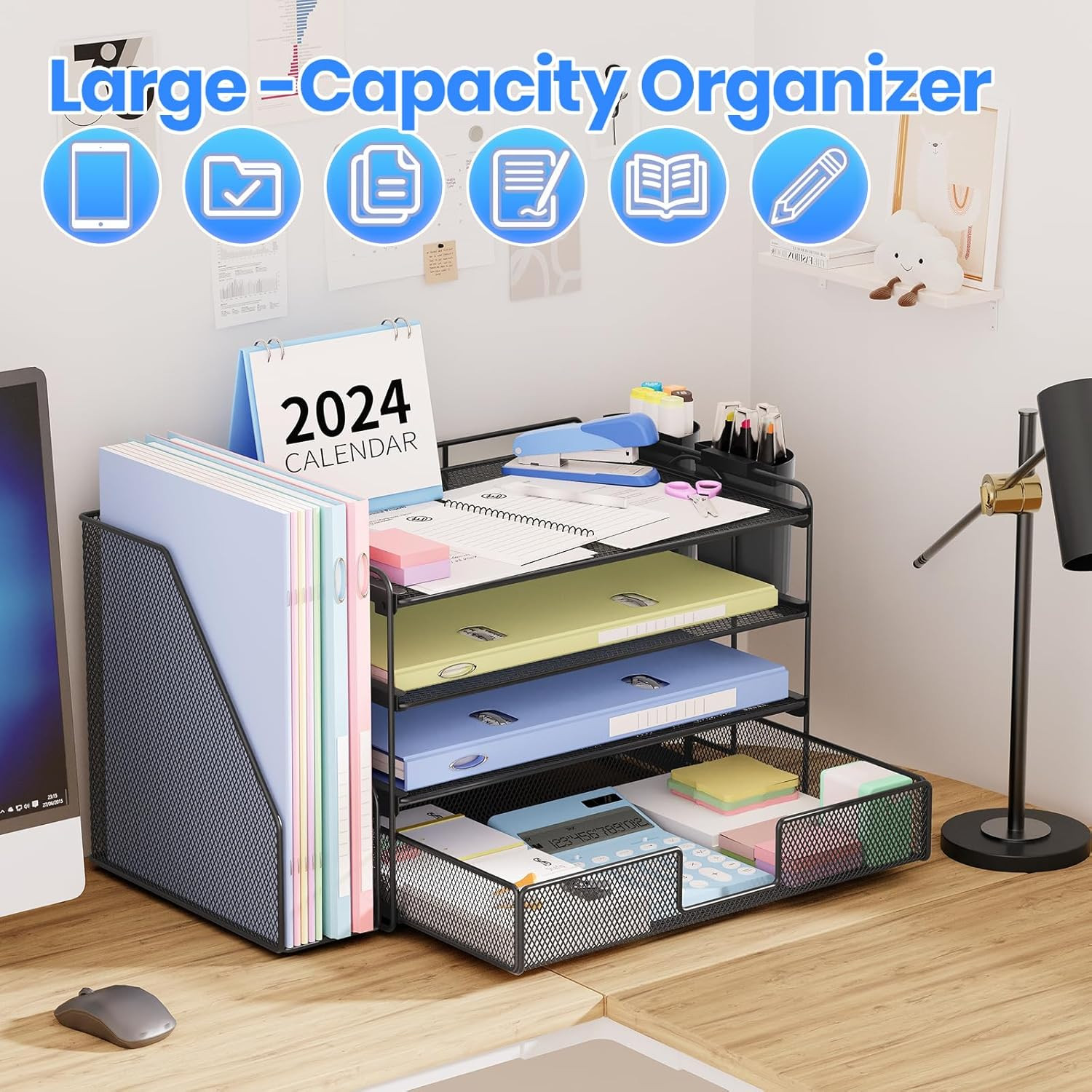Desk Organizer, 4-Tier Desktop File Organizer with Drawer and 2 Pen Holders, Off