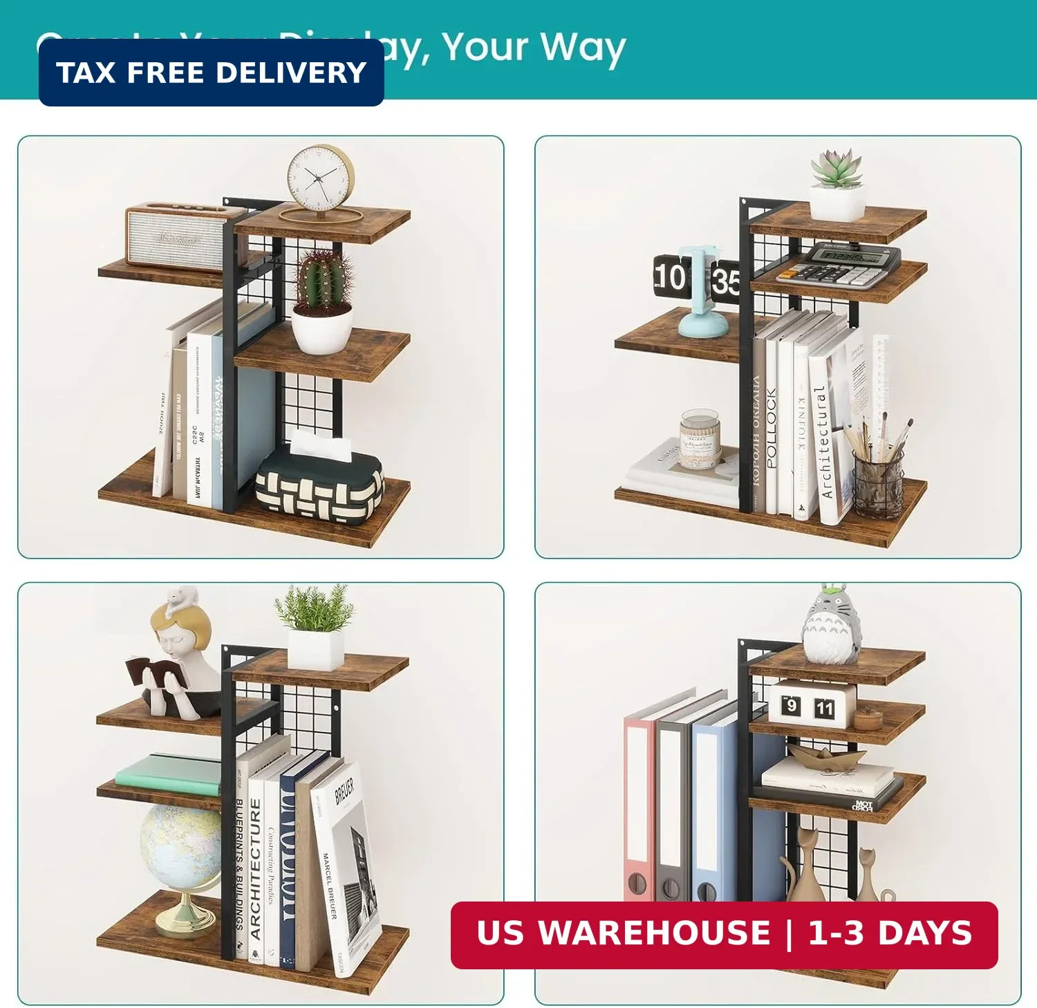 ELITEROO Desktop Shelf Organizer, 4-Tier Wooden Desk Bookshelf, Small Tabletop B