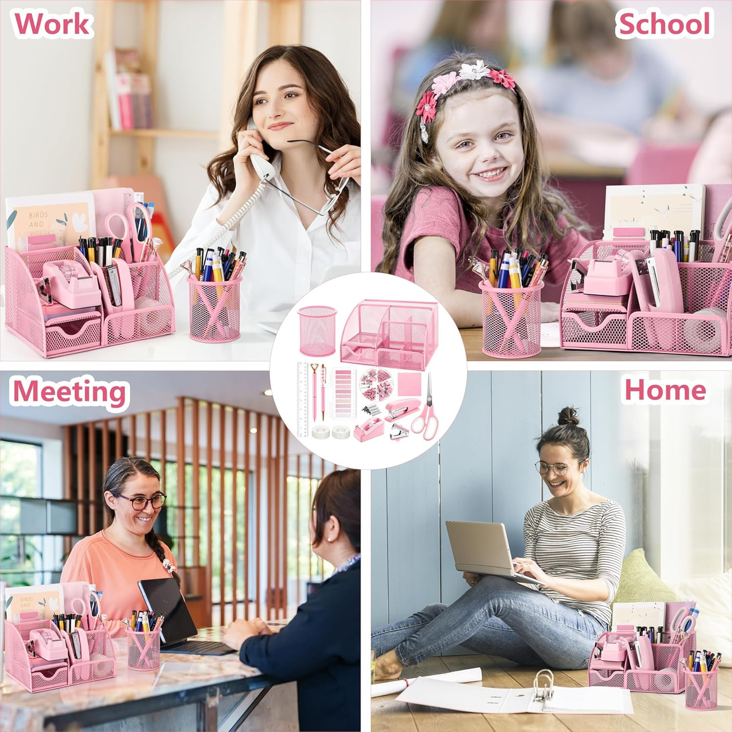 Pink Mesh Desk Organizer Office Supplies Set 11 Pc with Stapler Scissors