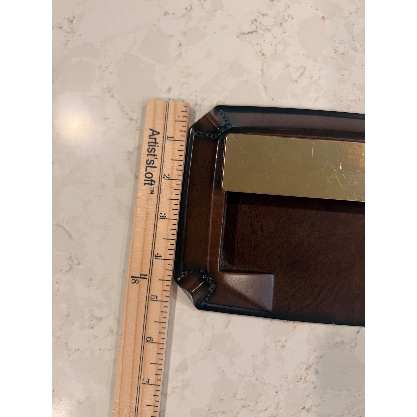 Vintage Brown Faux Leather Memo Pad Holder Brass MCM Desk Organizer Office Decor
