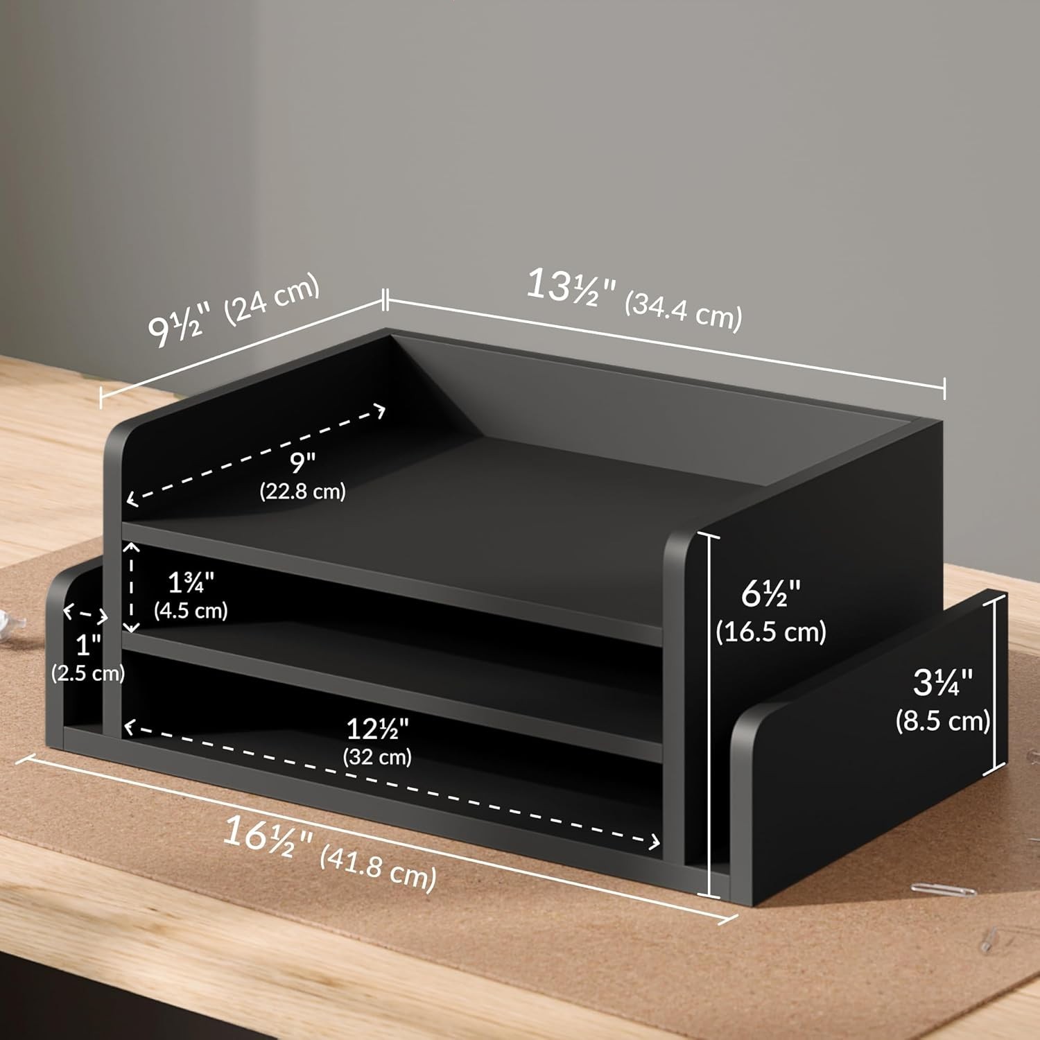 3-Tier Wood Desk Organizer Letter Tray File Holder w/ 2 Mail Slots Black