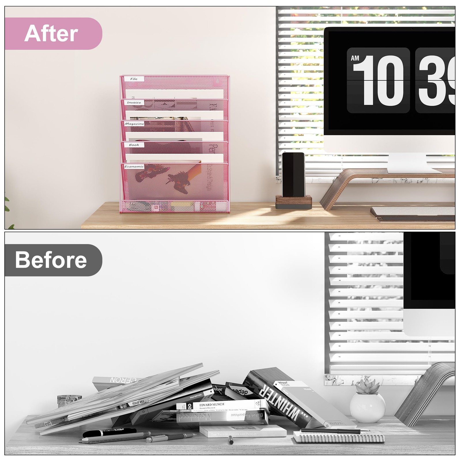 EasyPAG 5 Tier Wall File Holder, Mesh Hanging Folder Organizer with Pink