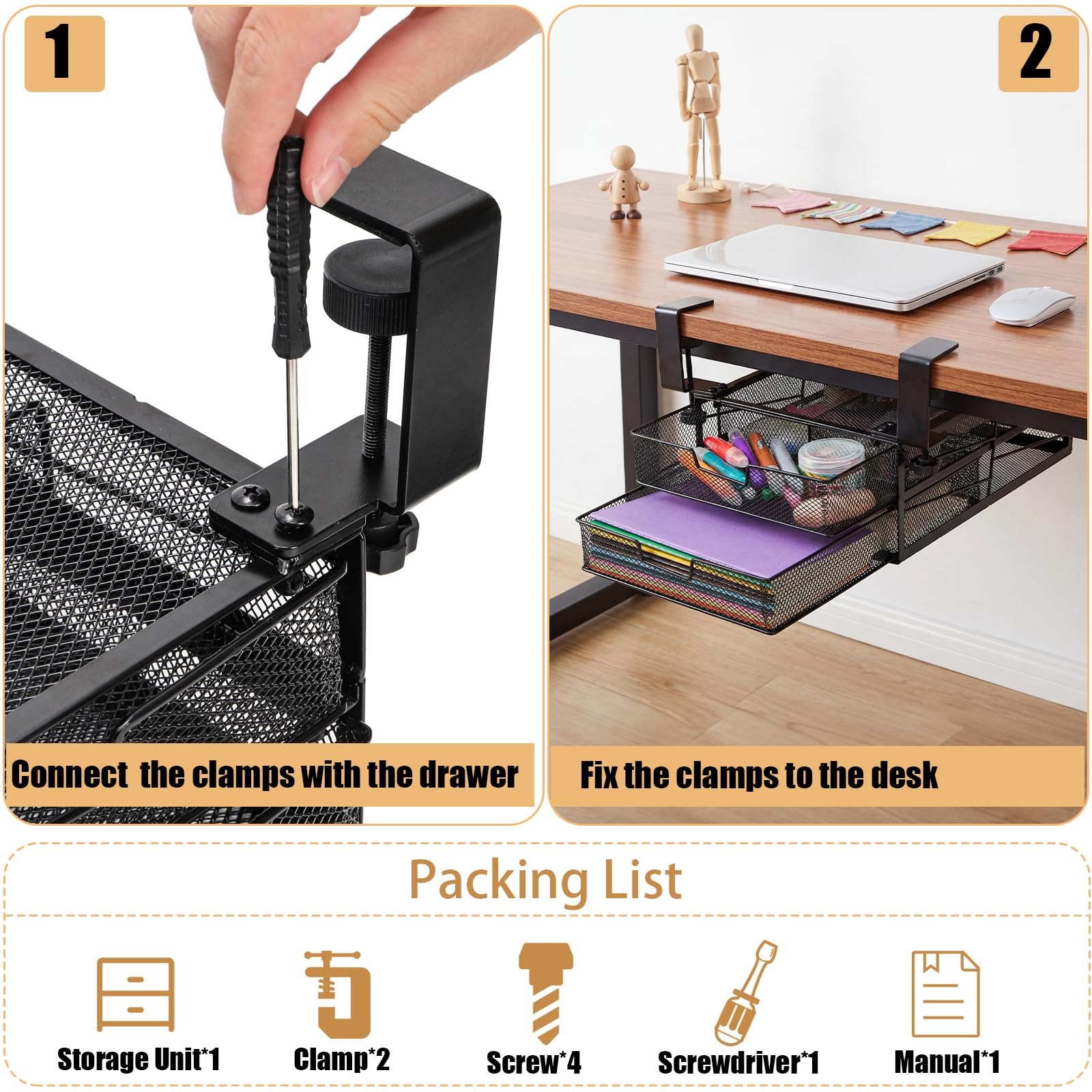 Cedilis Under Desk Drawer Organizer Slide Out, 2-Tier Metal Table Black