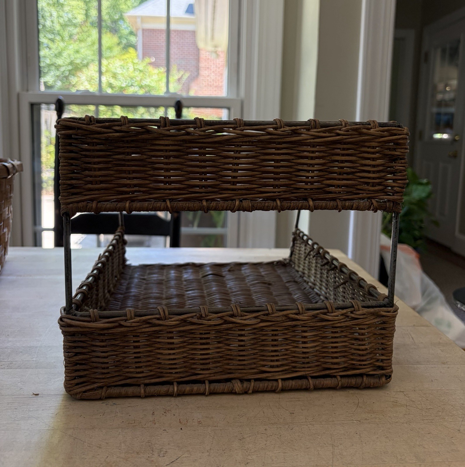 vintage wicker two-tier desk top organizer 14” x 10” EUC