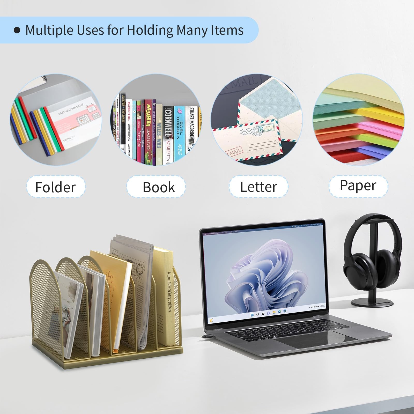5-Section Vertical Desktop Organizer, 5-Section Mesh File Folder Stand Sorter…