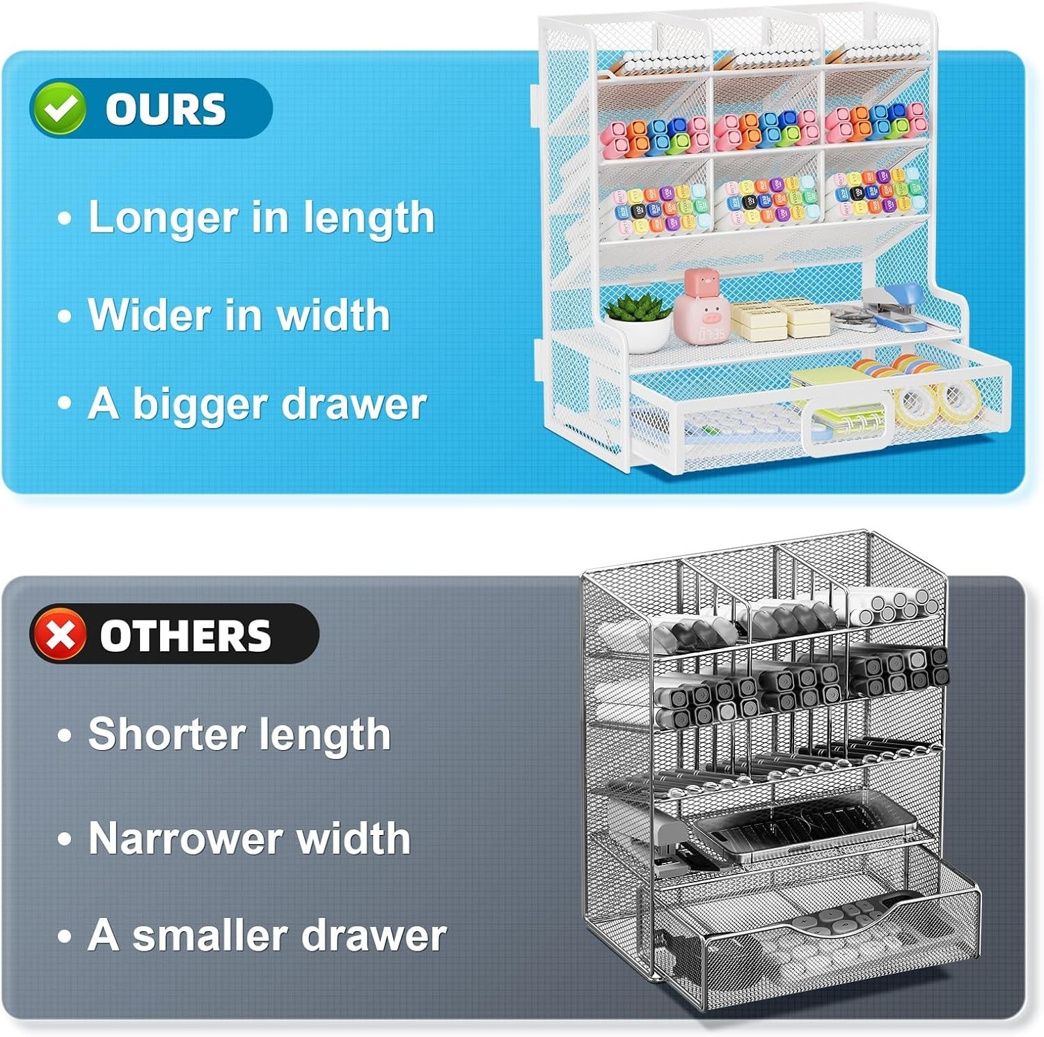Larger Mesh Desk Organizer with Drawer, Multi-Functional Pen Pencil Holder, E…
