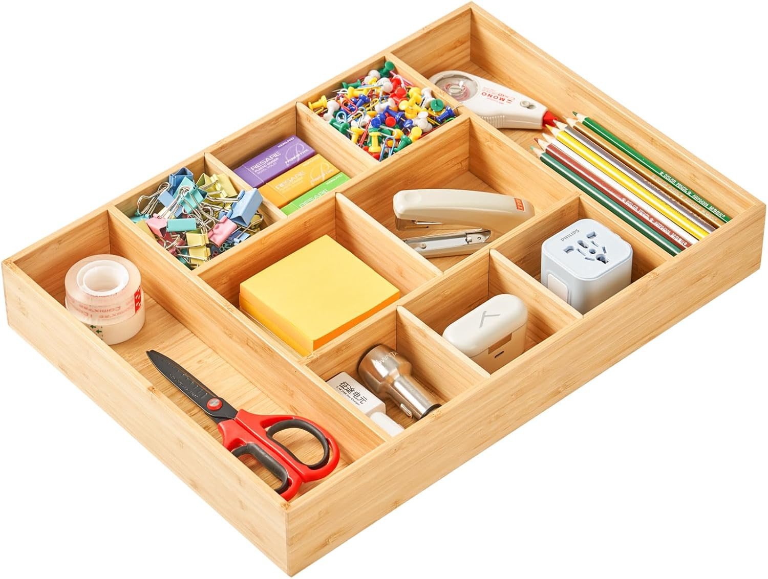 Extra Large Bamboo Desk Drawer Organizer, Wood Junk Organizer Tray with Adjustab