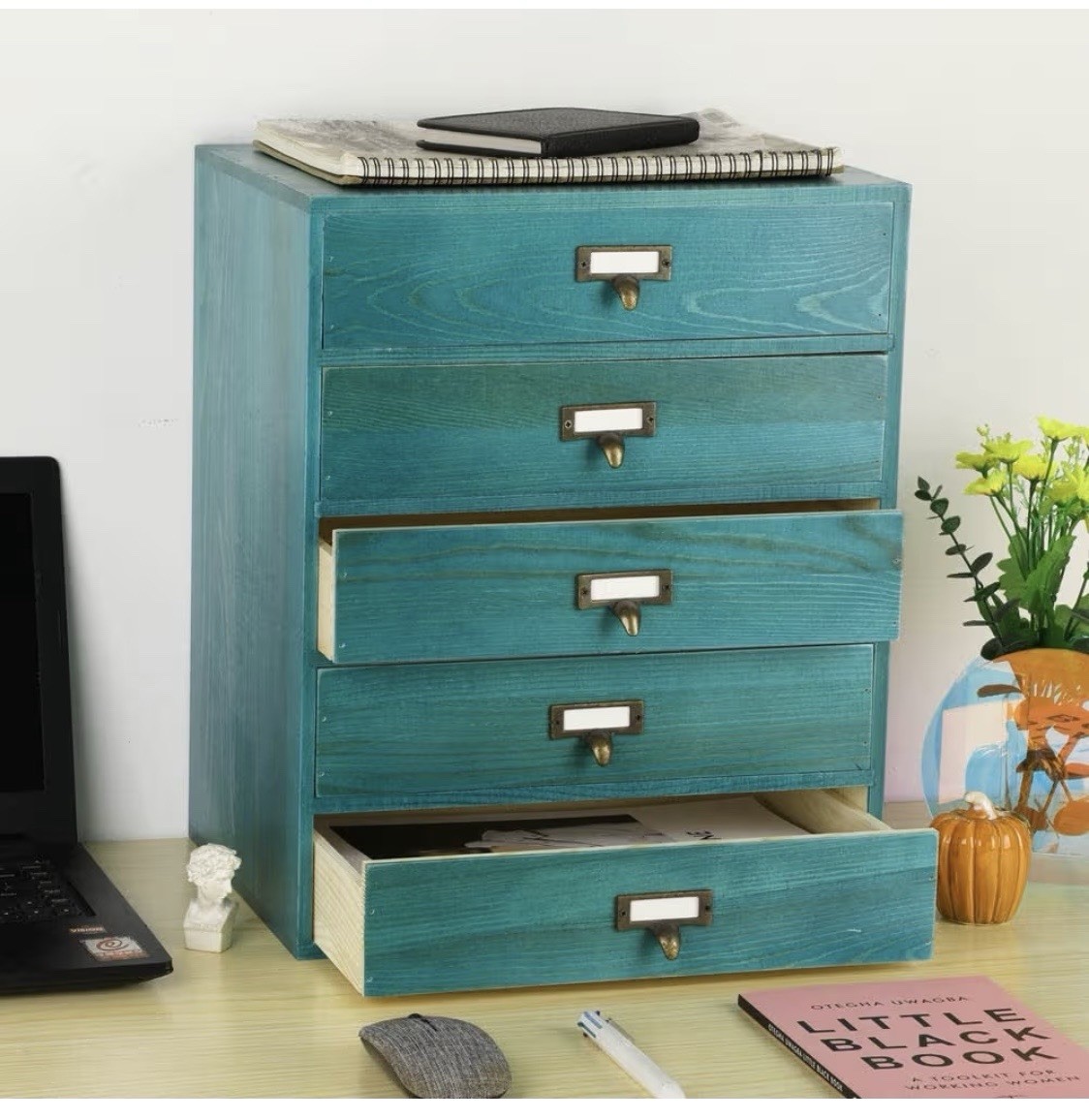 Large Wooden Drawers Rustic Desk Organizer (Blue)