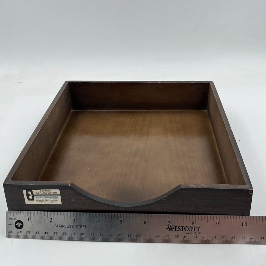 Vintage MCM Desk Organizer Tray Walnut Wood Office In Out Box, 12.5″ x 10″