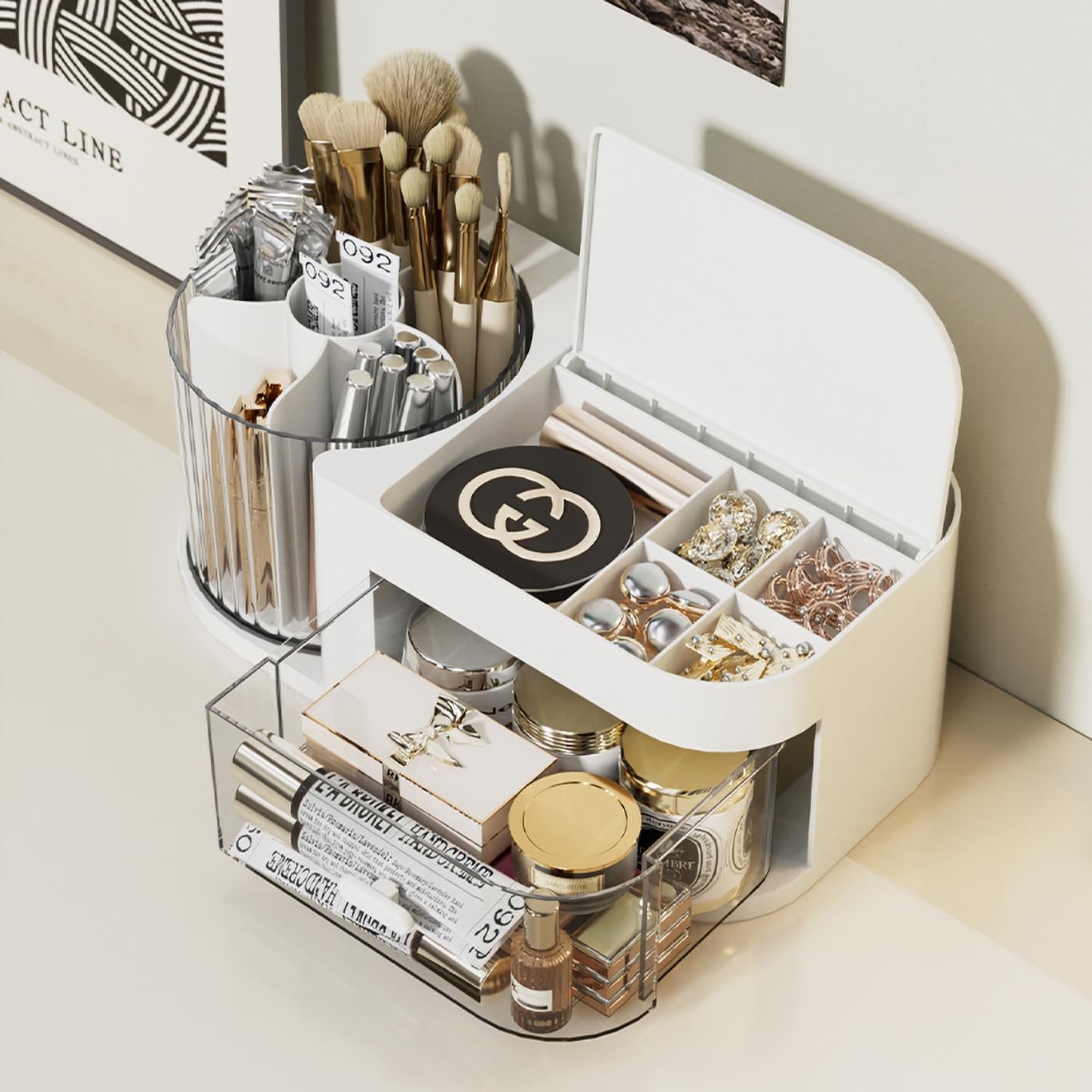 Pinsliee Desk Organizer – 360 Degree Expanded Makeup Organizer, White