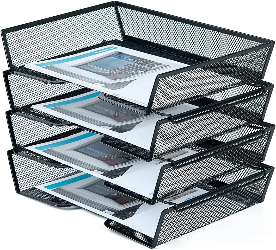 4 Tier Metal Letter Tray Desk Organizer-Stackable Paper Tray,Black | Desk Tray O