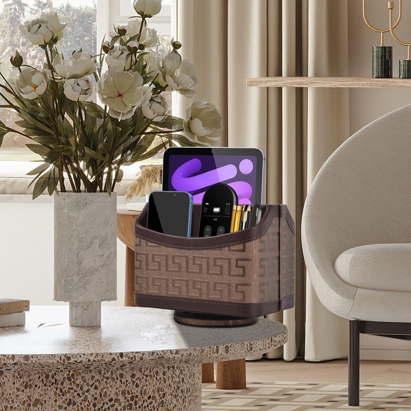 Leather Remote Control Holder 360°Rotatable,Bedside Nightstand Caddy,Office S…
