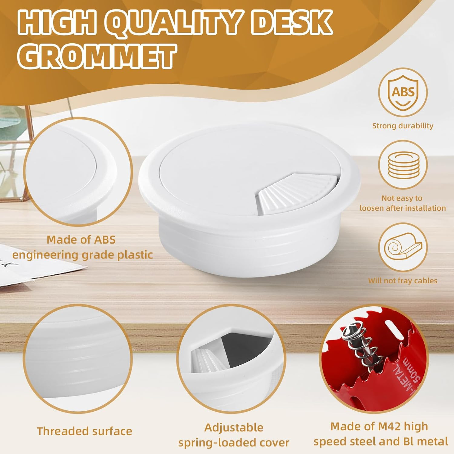 Desk Grommet 2 Inch (50 Mm) 10 Pieces, Desk Hole Cover for Cables White, ABS Pla