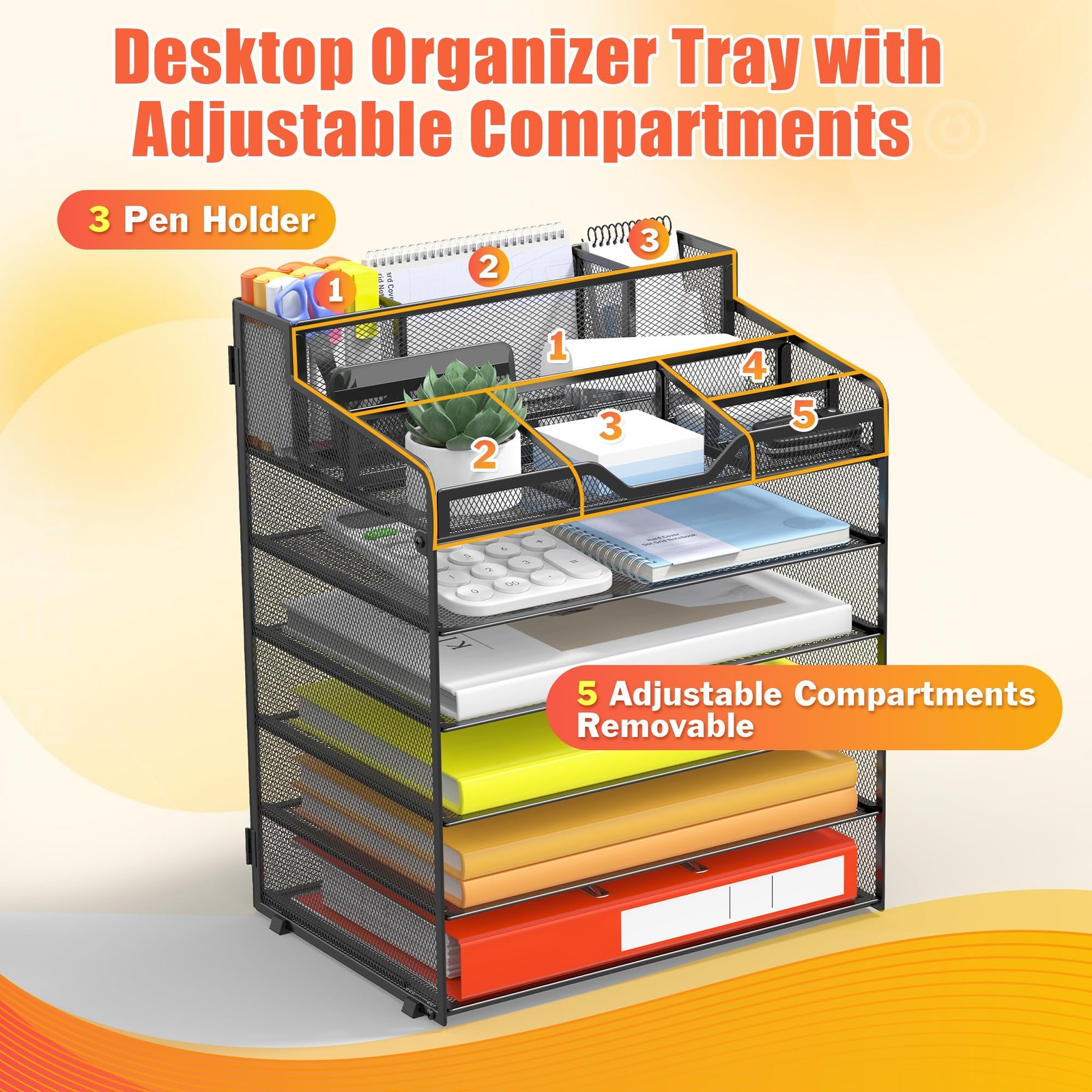 Mesh Desk Organizer, 6Tier Paper Tray with Pen Holders, Black