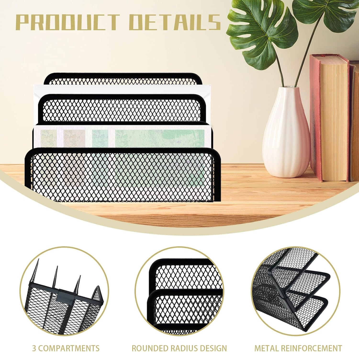 Office Vertical Desk File Organizer, Mesh Metal Mail Organizer Countertop with 3