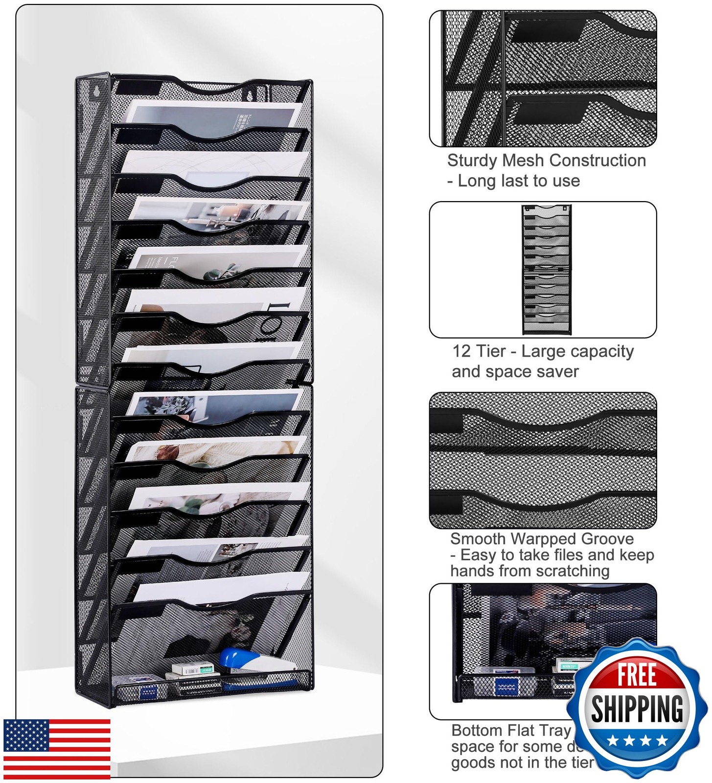 Solinxe 12-Tier Wall File Organizer, Mesh Mail Organizer Wall Mounted Paper D