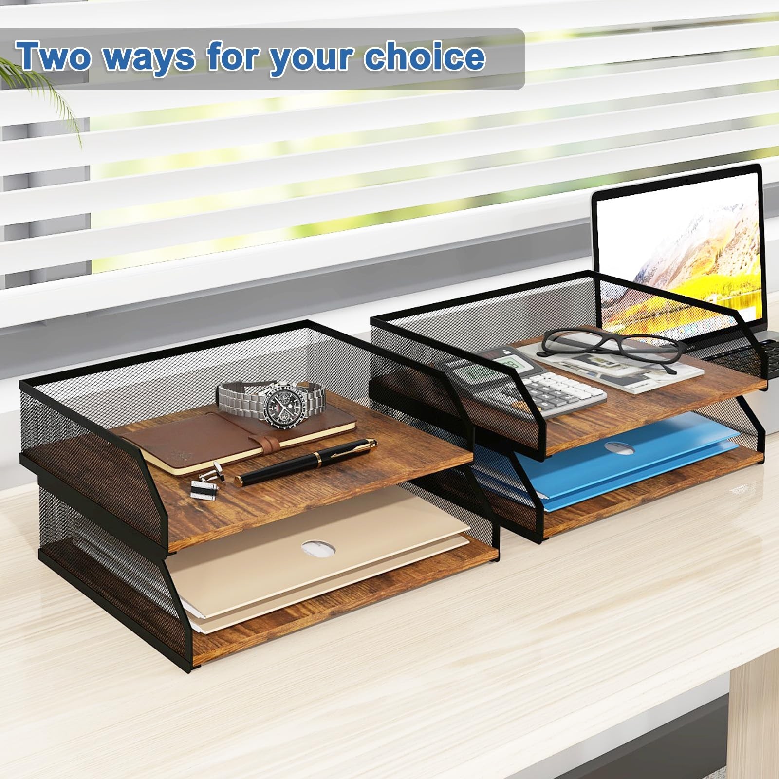 2-Tier Stackable Paper Tray, Metal Mesh Desktop Organizer, Paper Sorter, Lett…