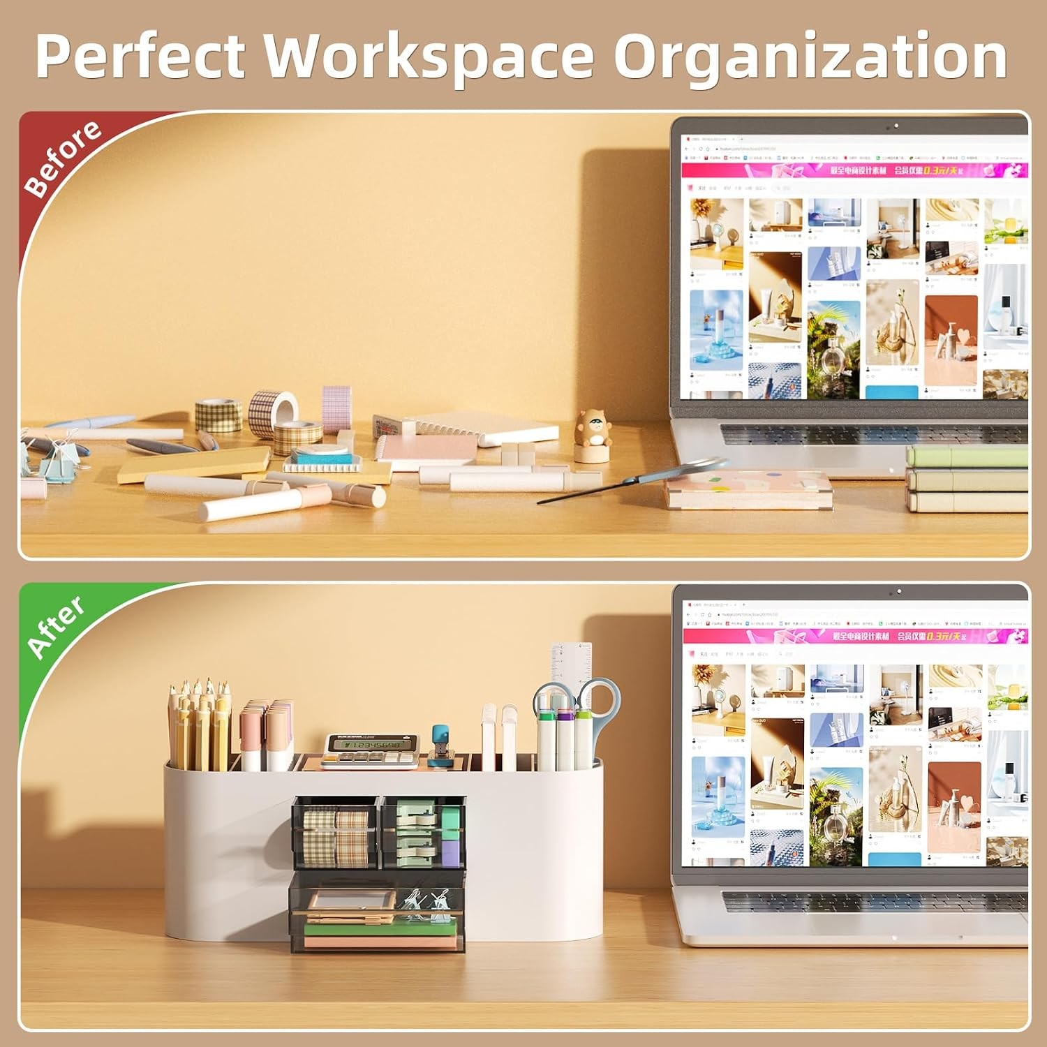 Grey Desk Organizer with 3 Drawers, Multi Function Pen Holder for Office Desk
