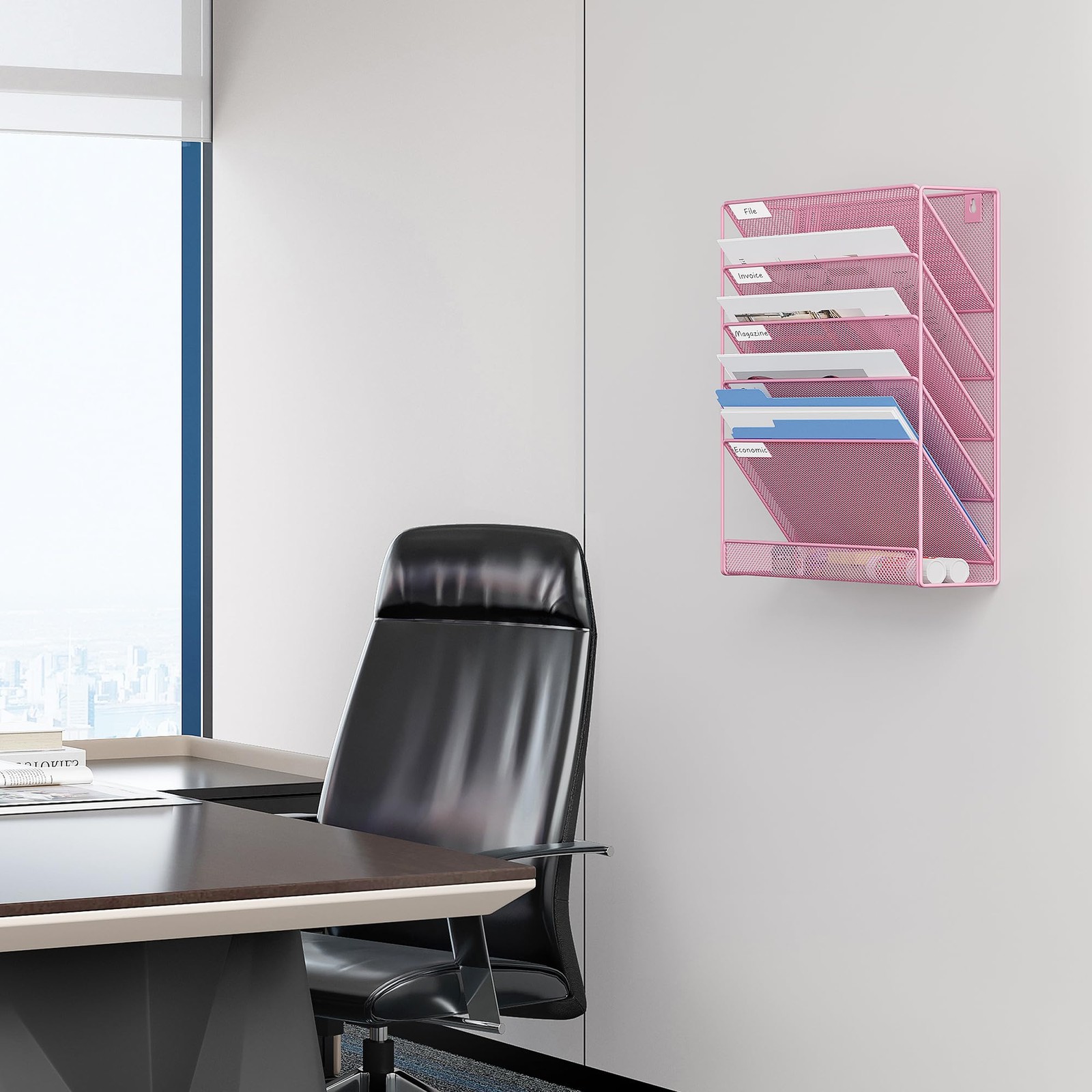 EasyPAG 5 Tier Wall File Holder, Mesh Hanging Folder Organizer with Pink
