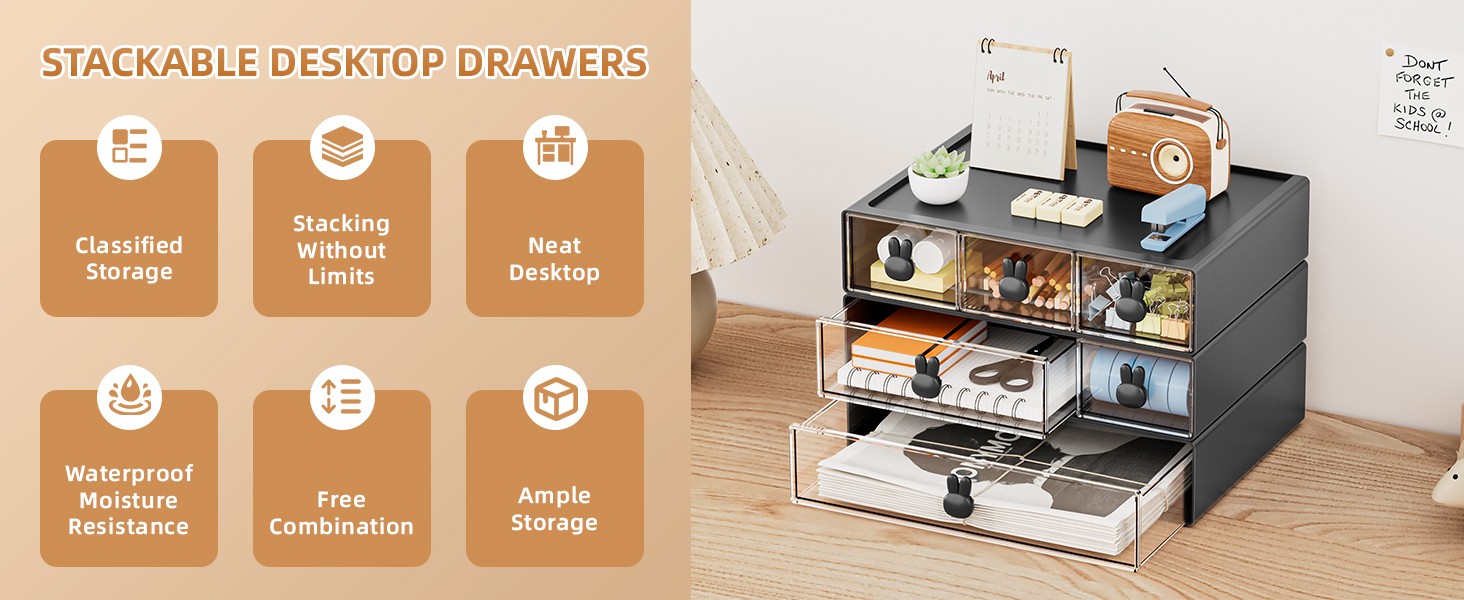 Desk Organizer with 6 Drawers – 3 Tier Stackable Desktop Storage Drawers (BLACK)