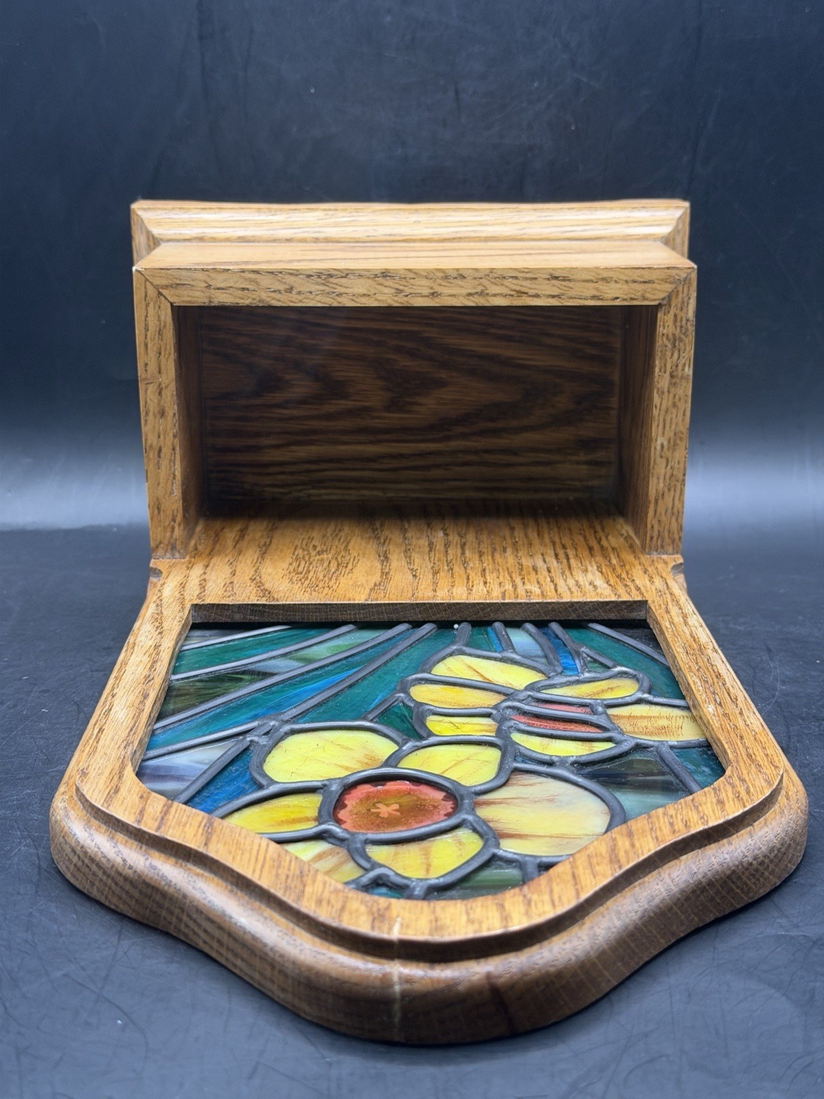 VTG MCM Rare Wooden Desk Organizer Tiffany-Style Stained Glass Flower Design