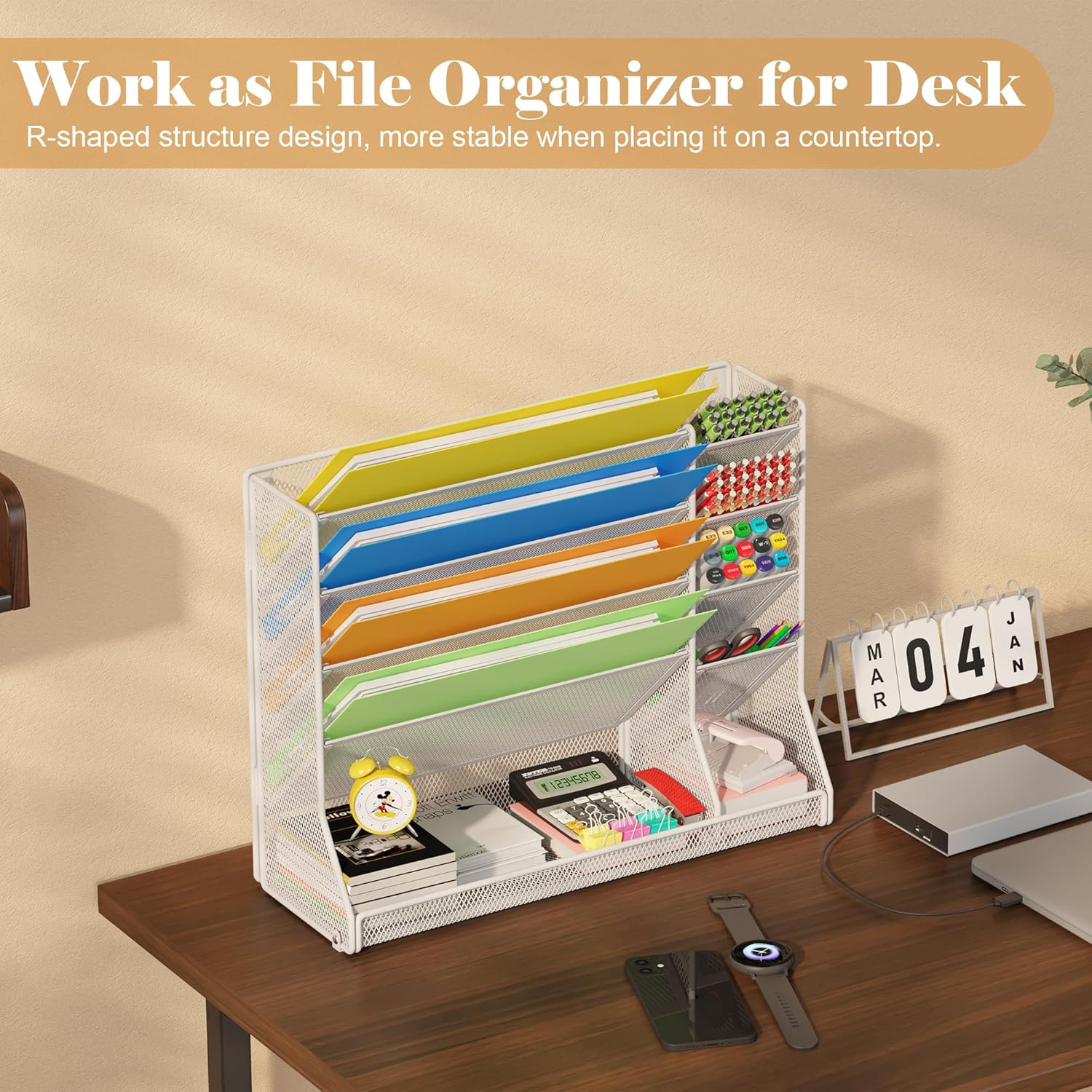 Adjustable 5 Tiers Wall File Organizer Metal Hanging Holder White | 5 Tiers Desk