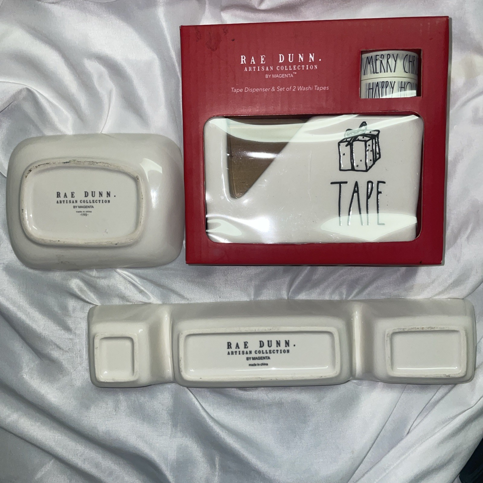 Rae Dunn TAPE Dispenser Rubber Band Tray And Paperclip Tack Tray Office Lot Rare