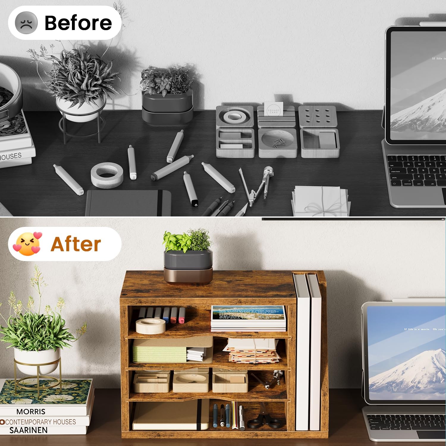 File Organizer Desktop, Wood Desk Organizer with 3 Adjustable Shelves, Mail P