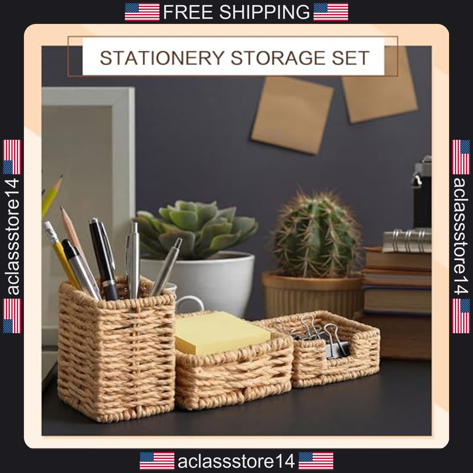 Khaki Paper Rope Woven Desk Organizer Set of 3 Office Home Desktop Accessories