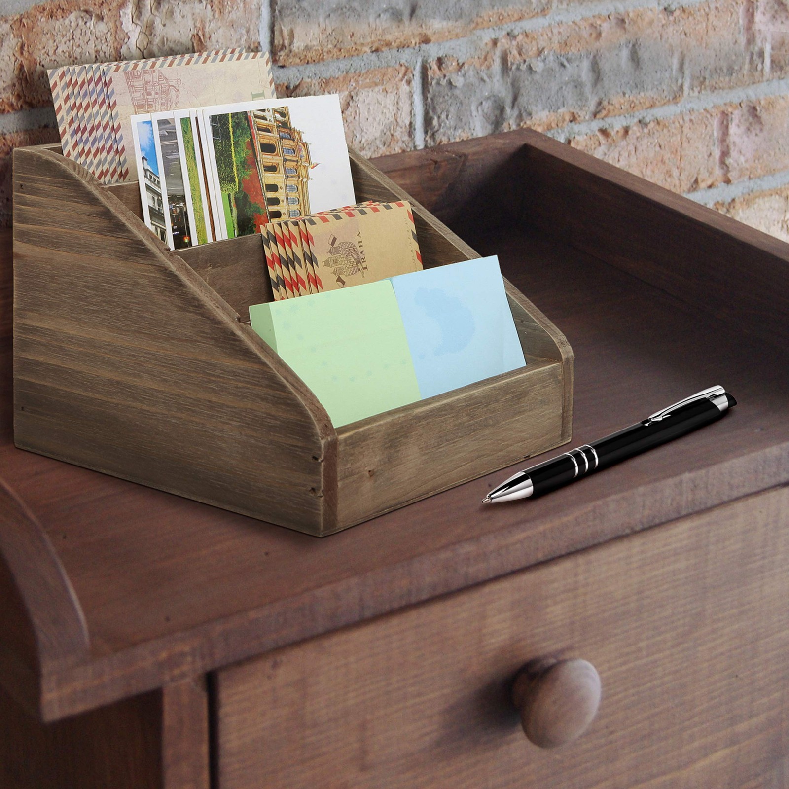 Vintage Dark Brown Wood 4 Compartments Decorative Rustic Mail Sorter/Office D…