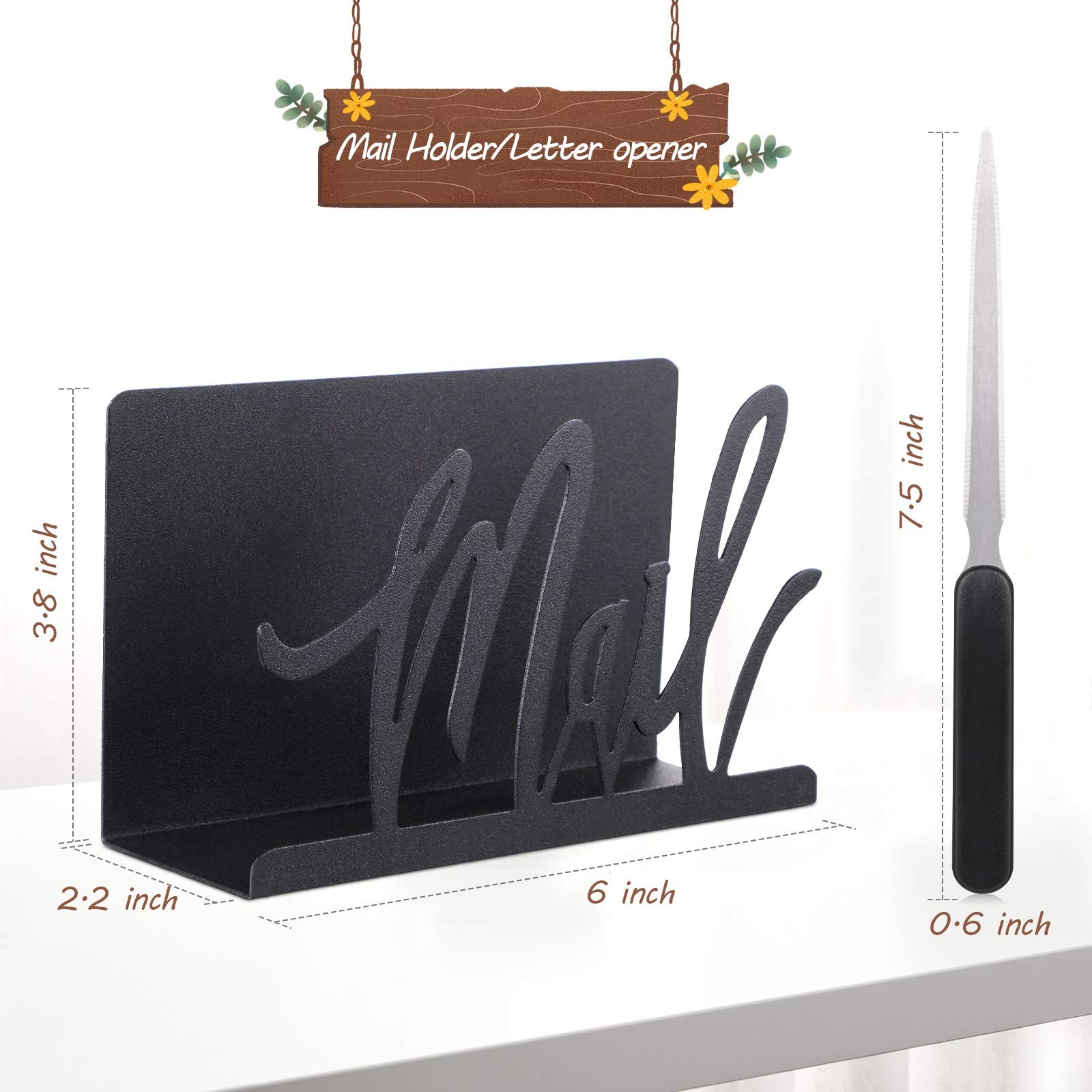 Black Metal Mail Holder Countertop Organizer with Cutout Lettering Letter Opener