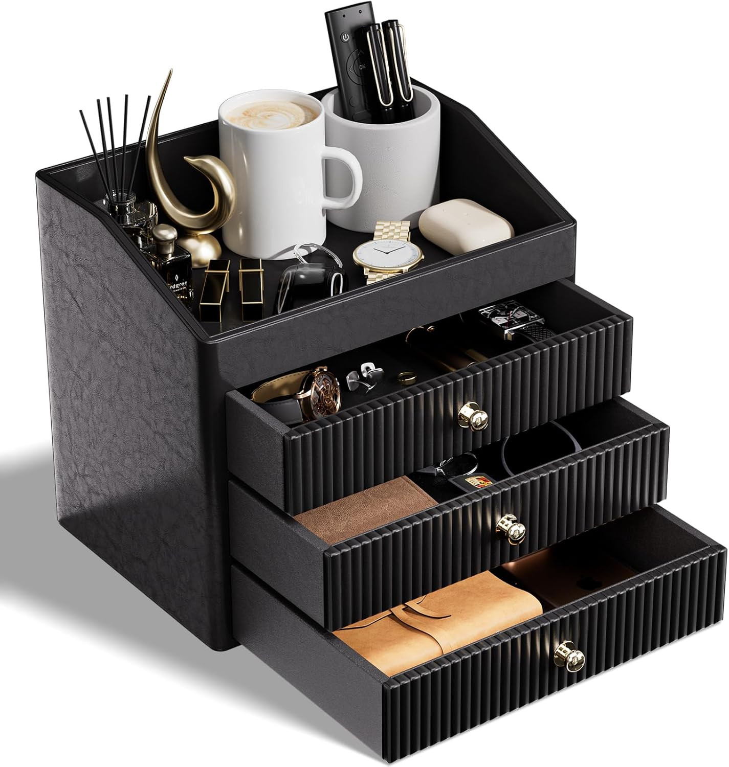 Black Vegan Leather Desk Organizer with 3 Drawers for Makeup & Accessories