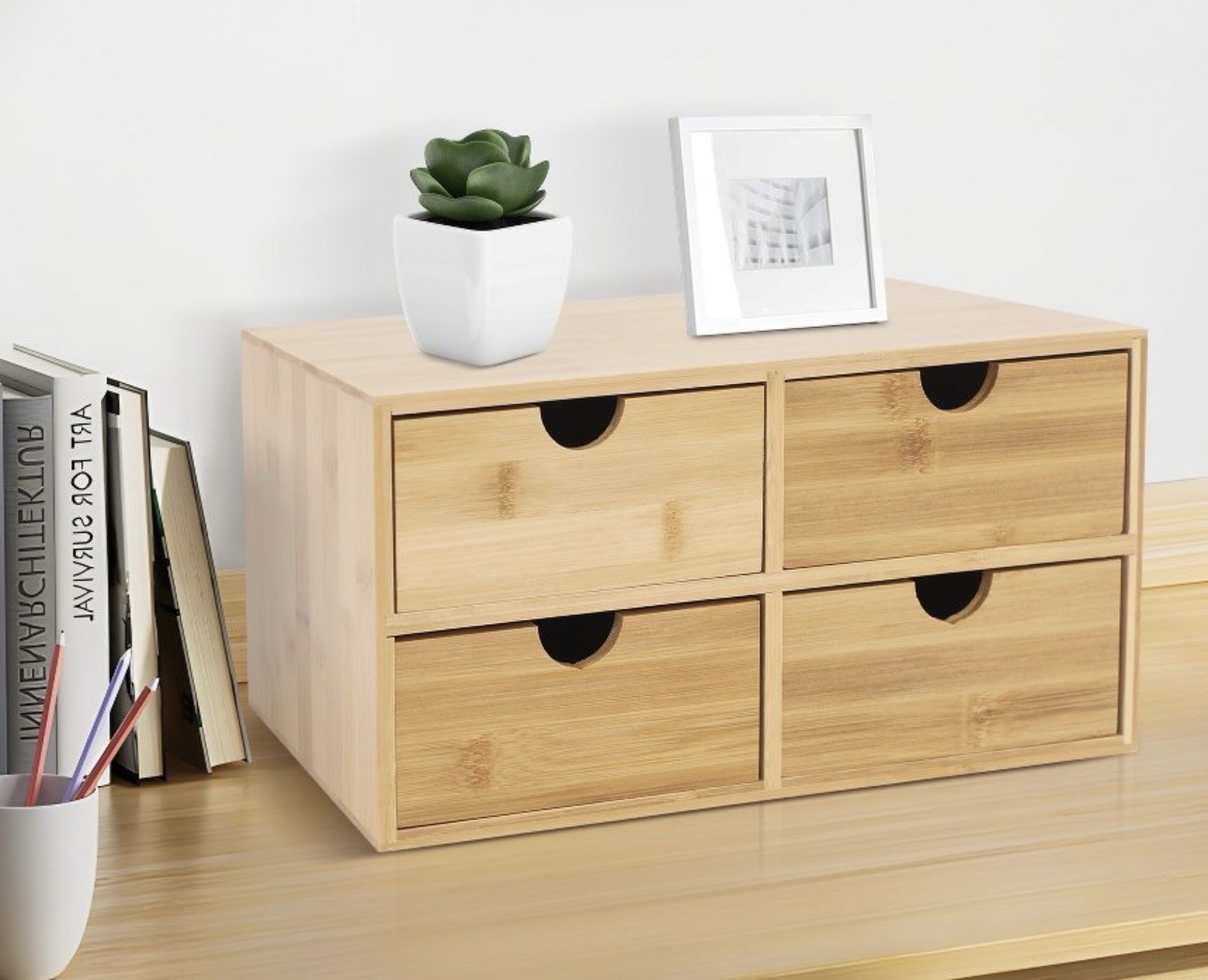 NEW Bamboo Desk Organizer 4 Drawers Tabletop Storage Box