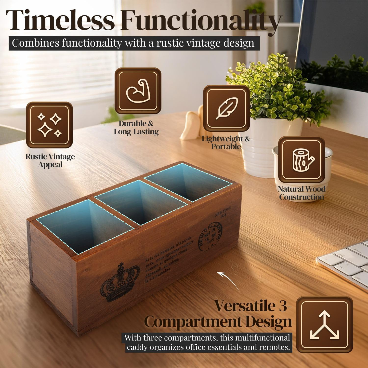 Rustic Wooden Pencil Holder for Office – 3 Compartments – Desk and Table Storage