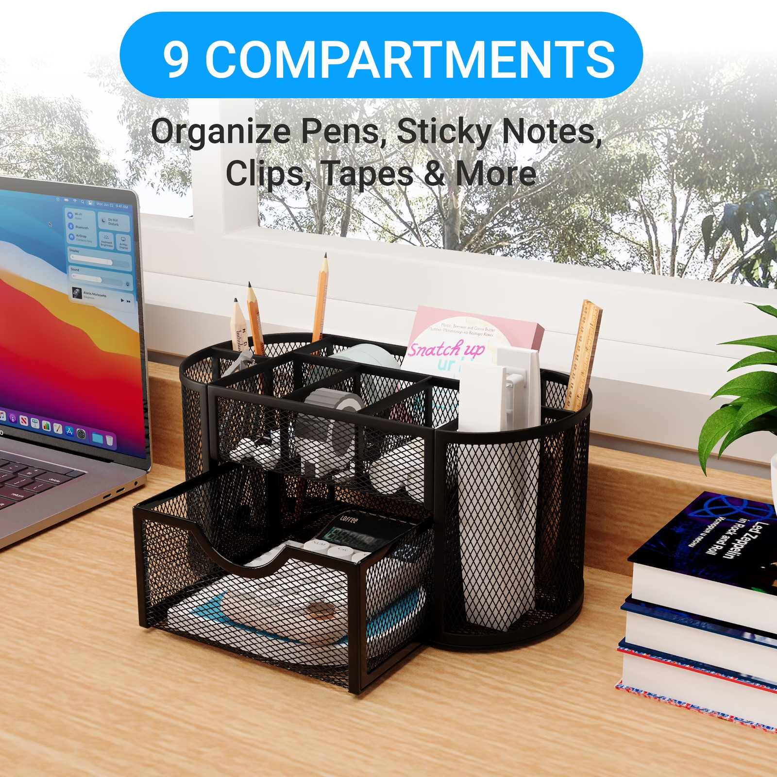 GARITIN Black Mesh Desk Organizer with Drawer Pen Holder