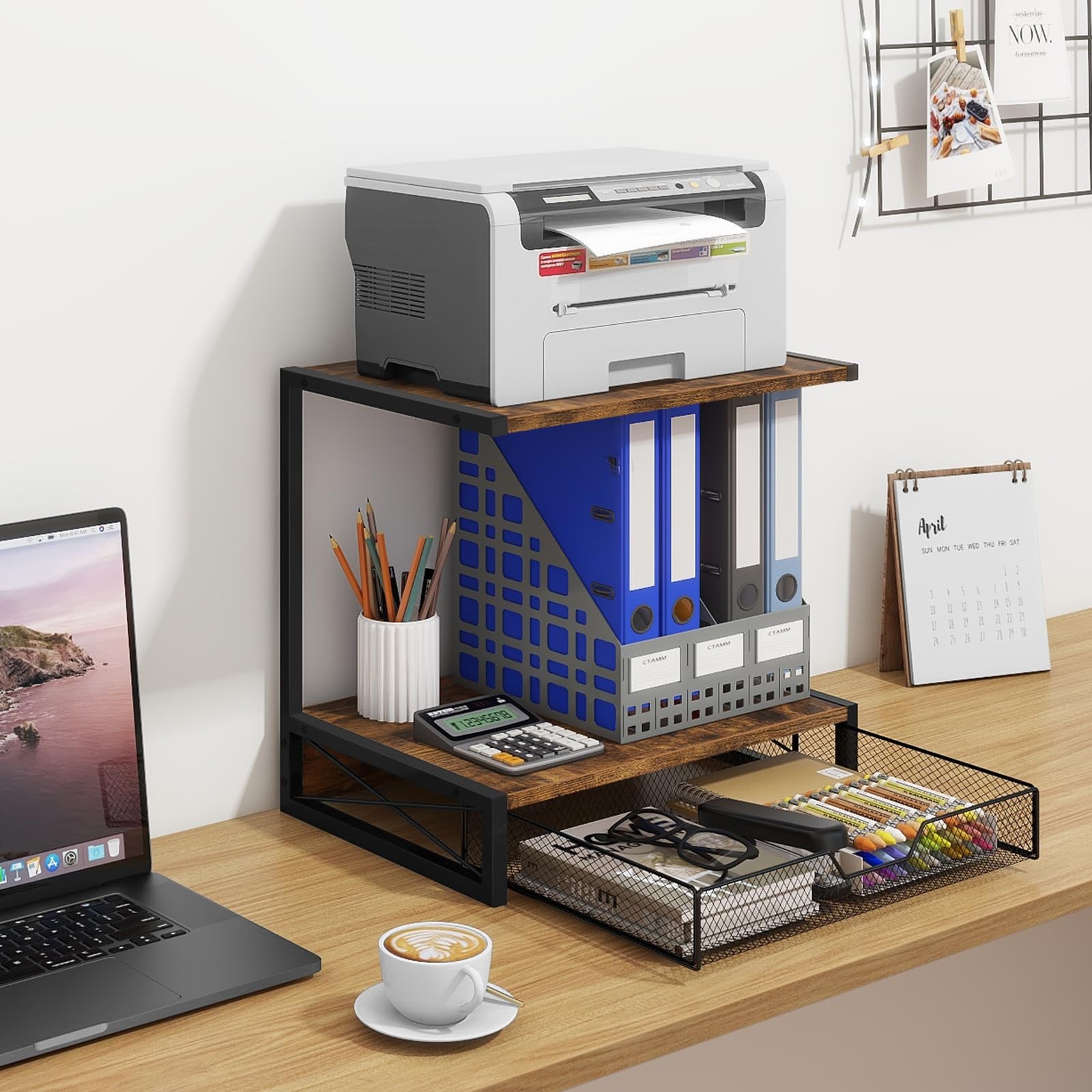 ELITEROO 2-Tier Desktop Printer Stand with Storage Rustic Brown Drawer