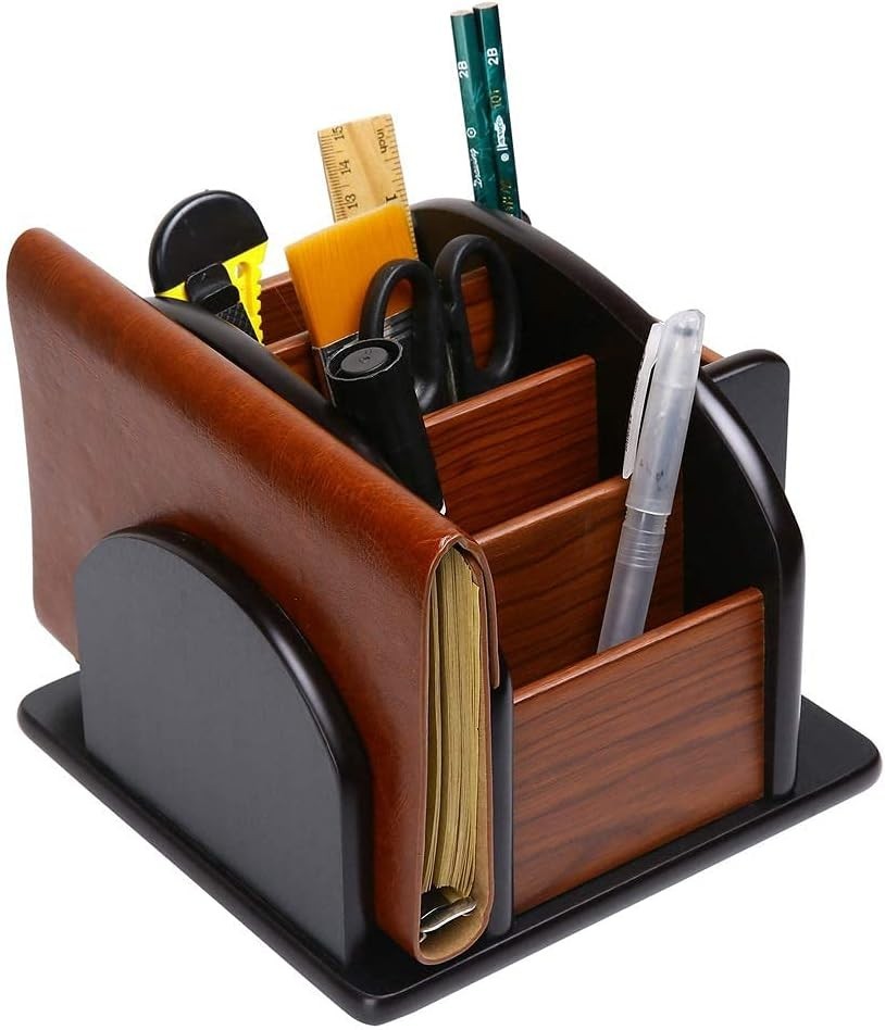 Wooden Desk Organizer, Desktop Office Supplies Storage Remote Control Caddy H…