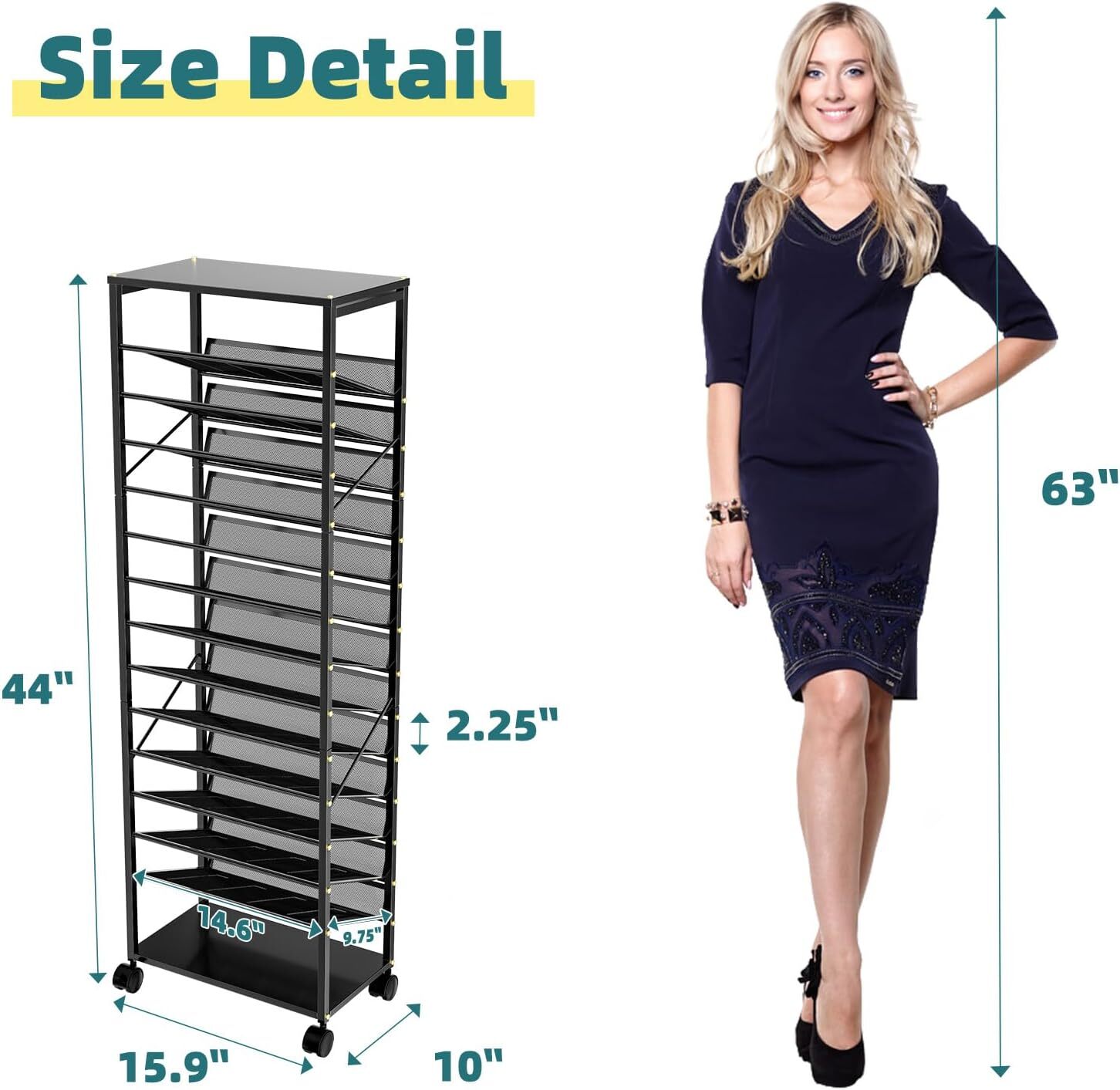 15 Tier Rolling File Cart, Mobile Desk File Organizer with Metal Mesh Paper Lett