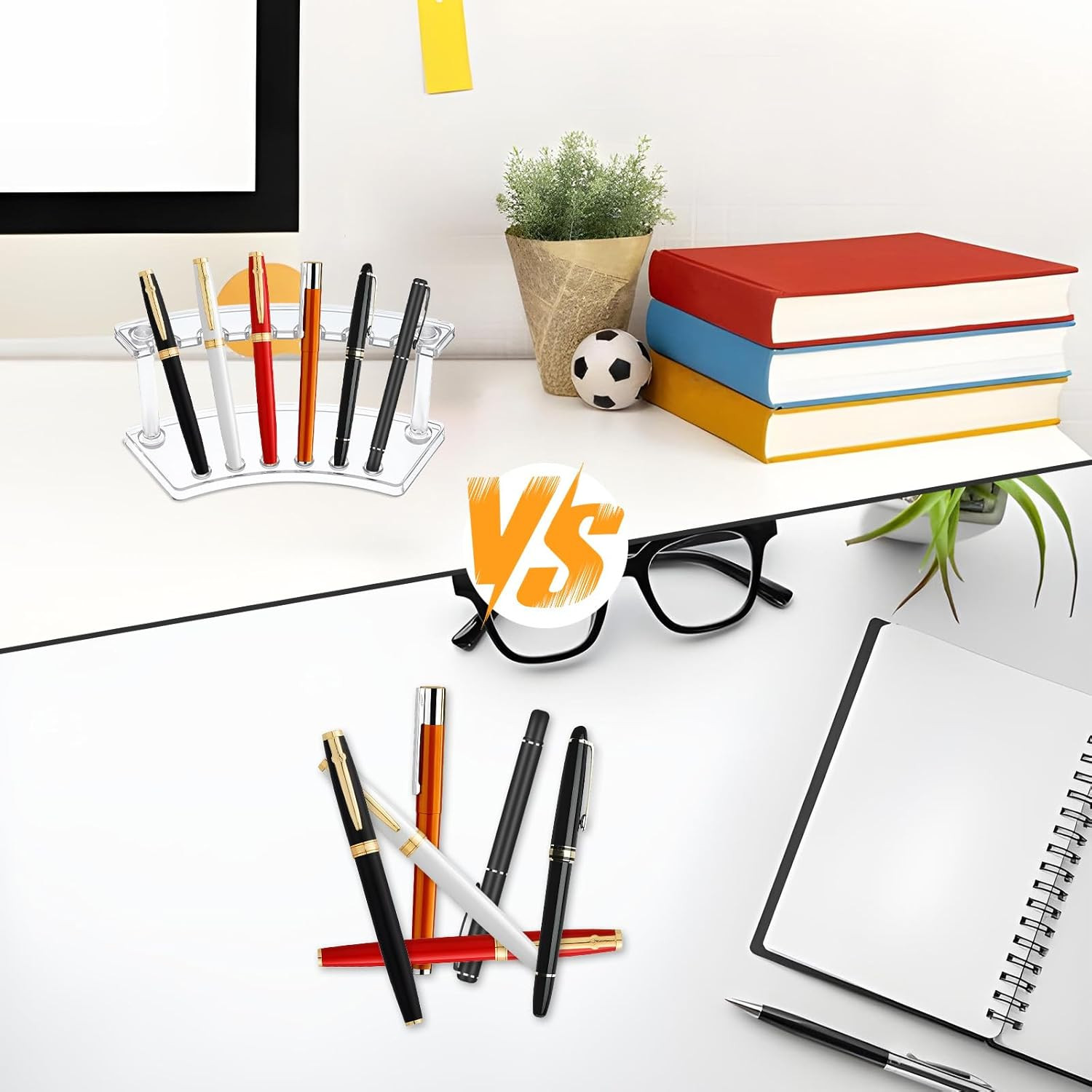 2Pcs Pen Holder Stand for Desk, Clear Pen Display Stand Pen Holder with 6 Slots,