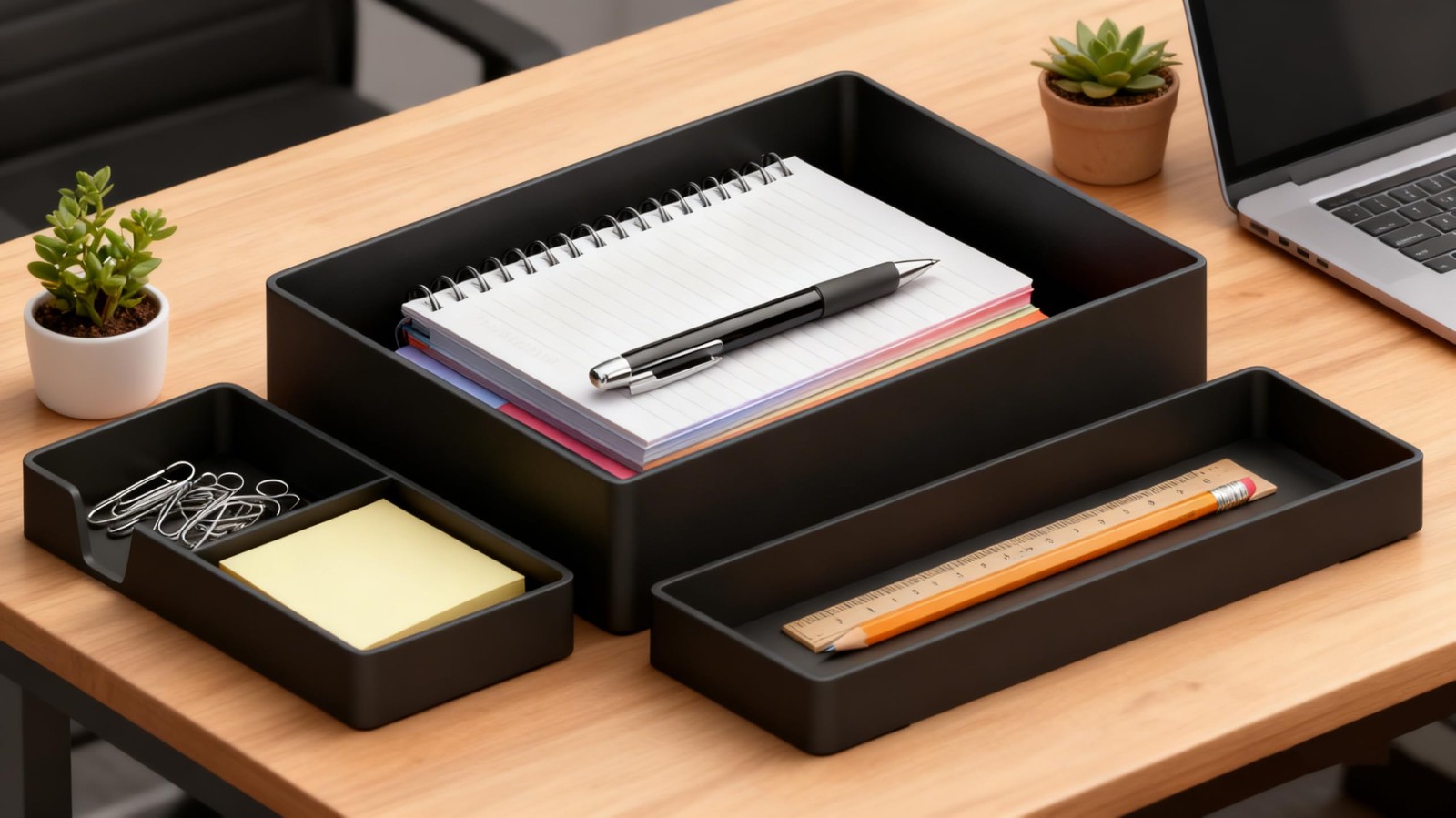 Amazon Basics Rectangular Plastic Desk Organizer Bundle, 3 Pieces with Black