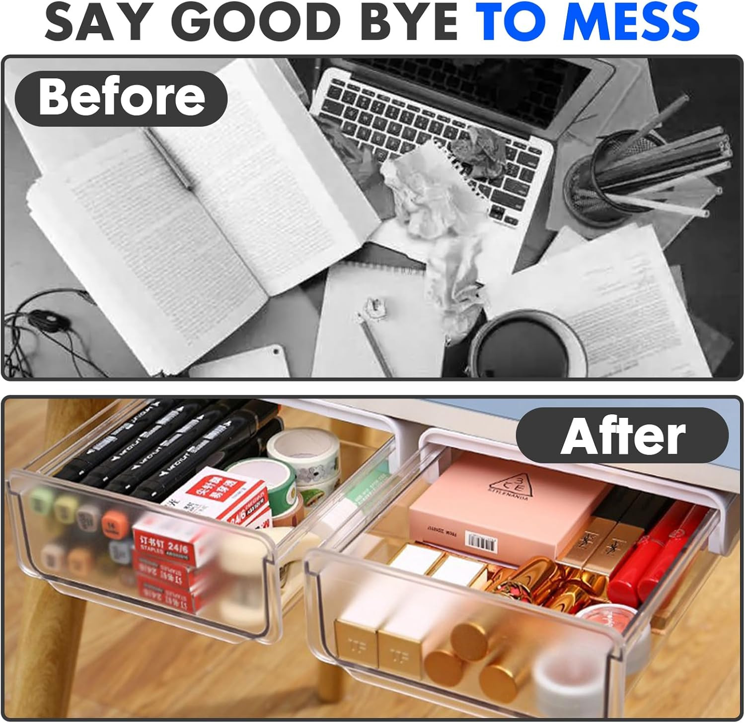 Self-adhesive Under Desk Drawer, 2 Packs Table Hidden Organizer Slide Out Large