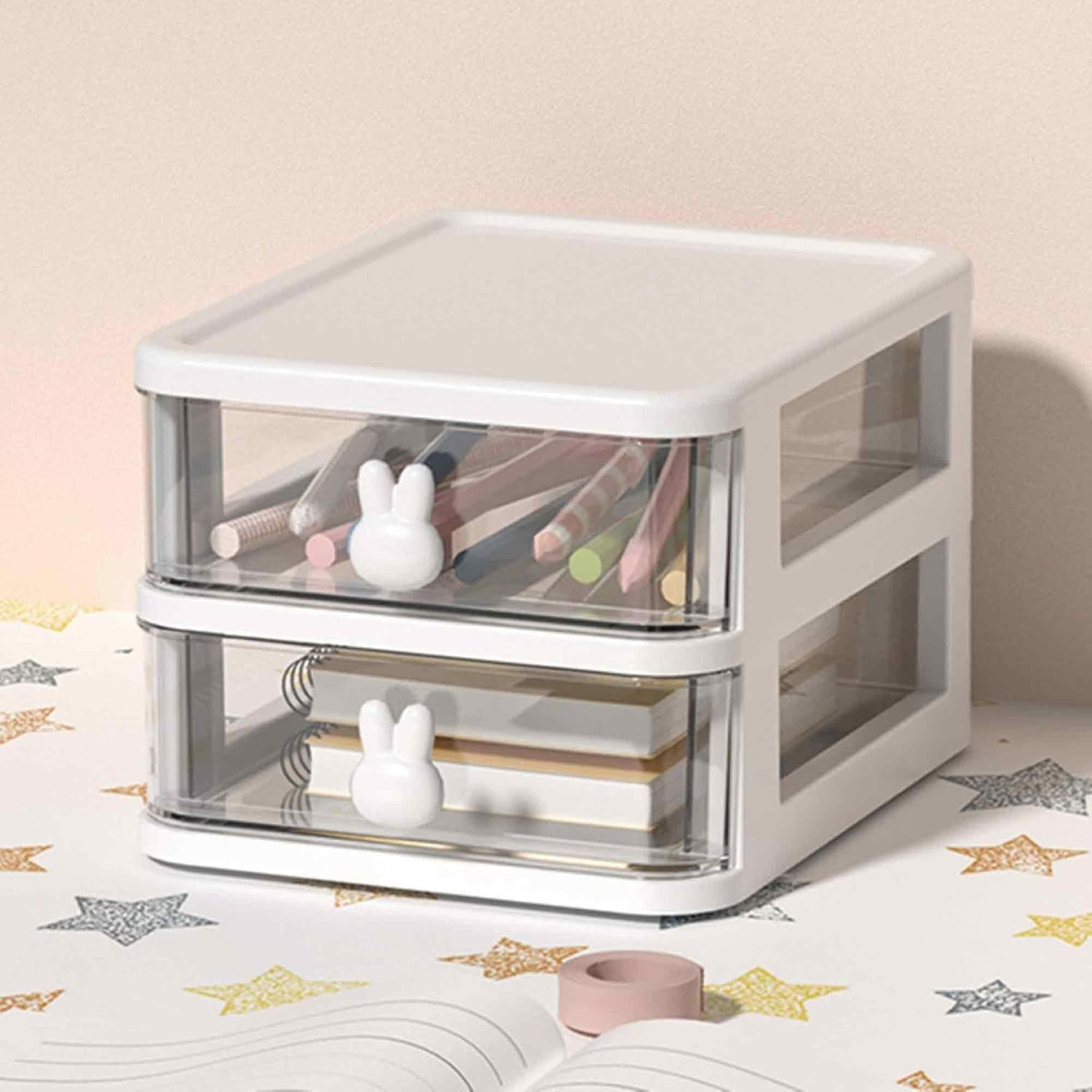 Large Capacity Transparent Plastic Desk Organizer with Bunny Handle, Multi-Tier